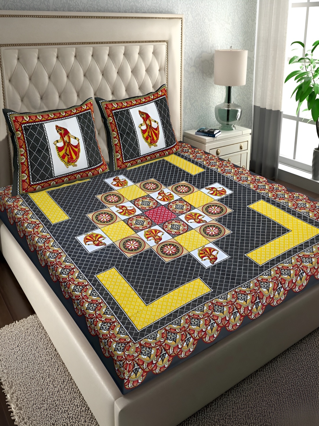 

Runjhun Green & Yellow Floral Printed Cotton 144 TC Queen Bedsheet Set