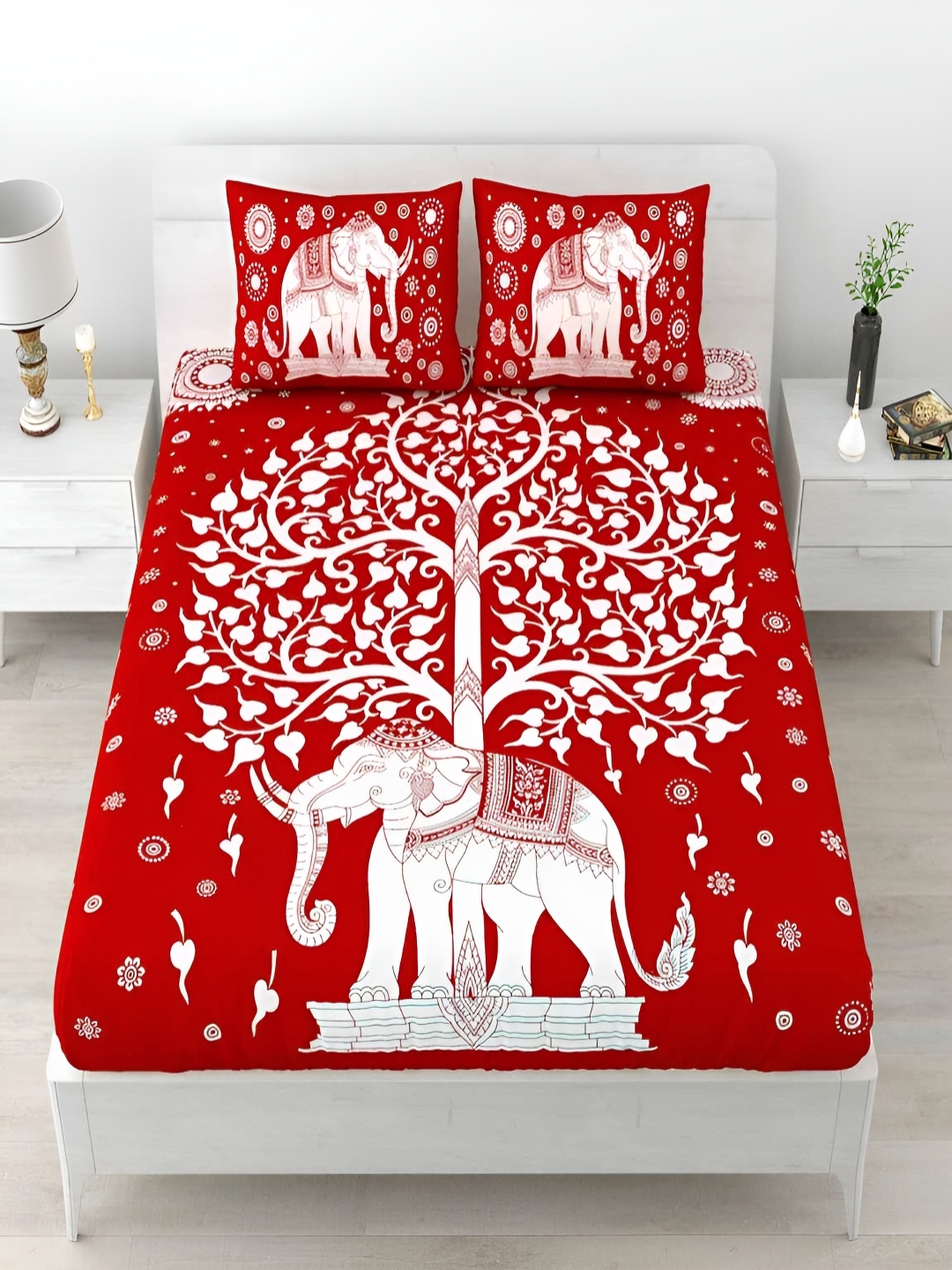 

Runjhun Red & White Floral Printed 144 TC Cotton Queen Bedsheet Set