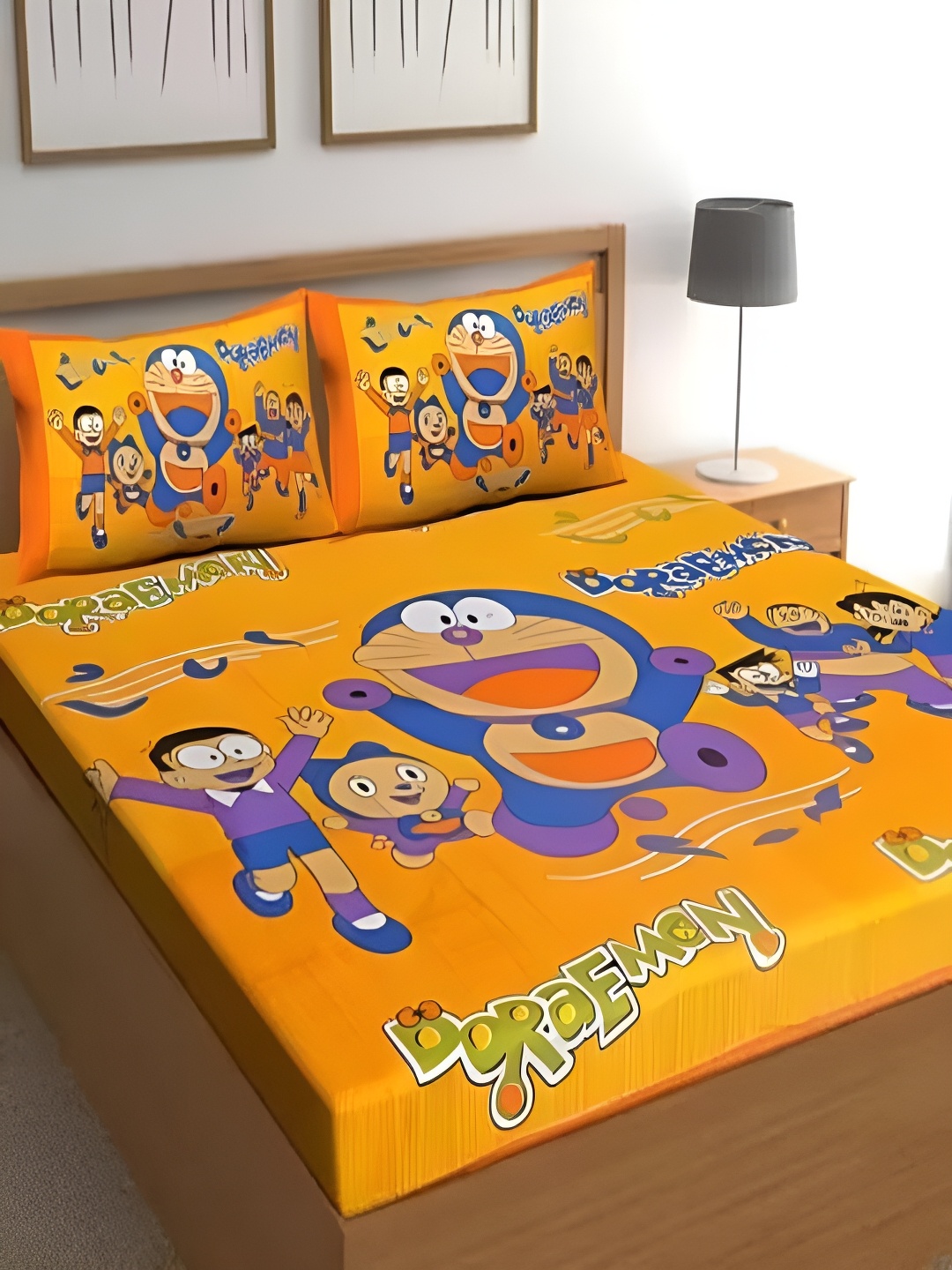 

Runjhun Yellow & Blue Cartoon Characters 144 TC Queen Bedsheet Set