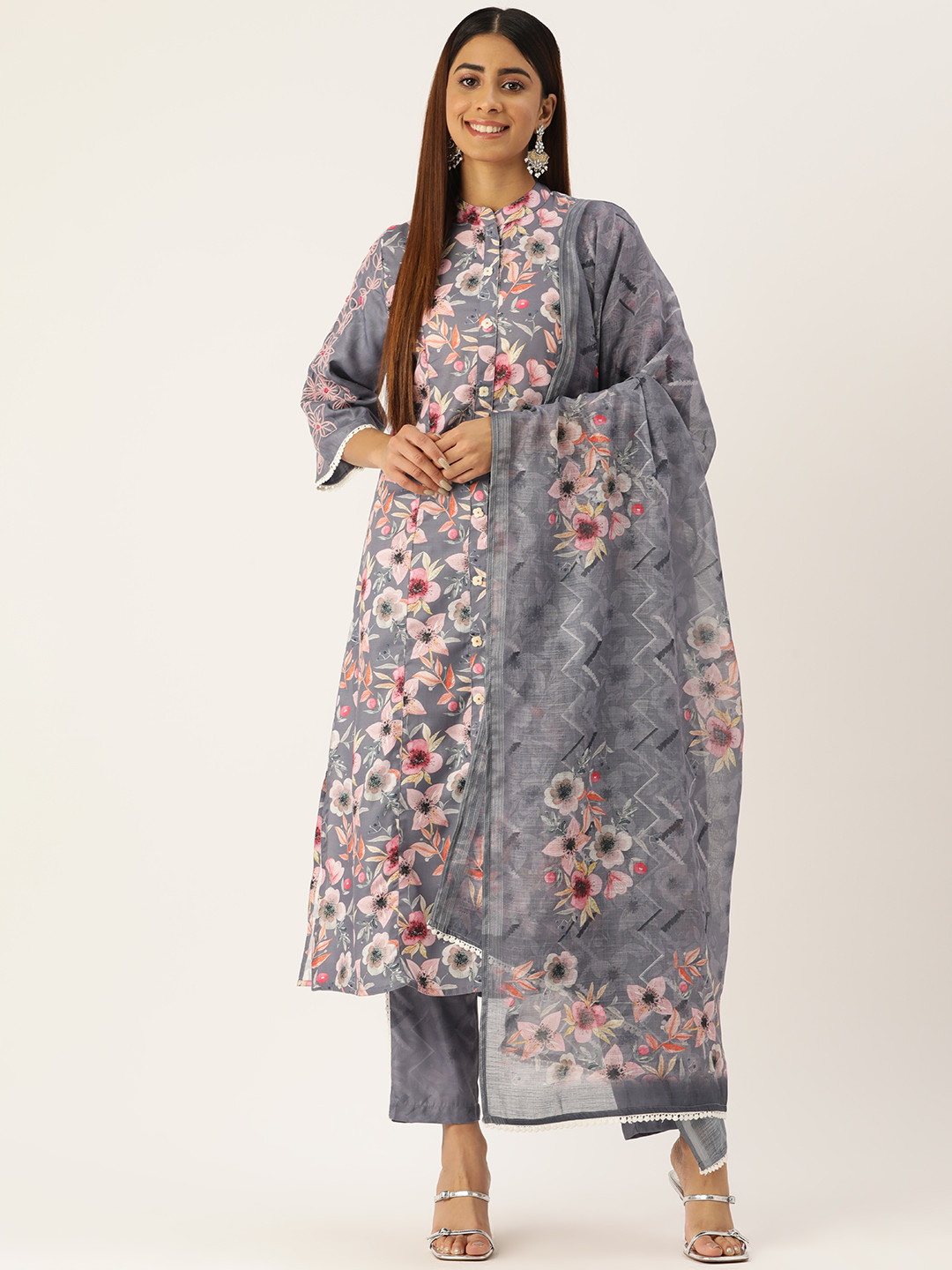 

MISRI Floral Printed Regular Kurta with Trousers & Dupatta, Grey