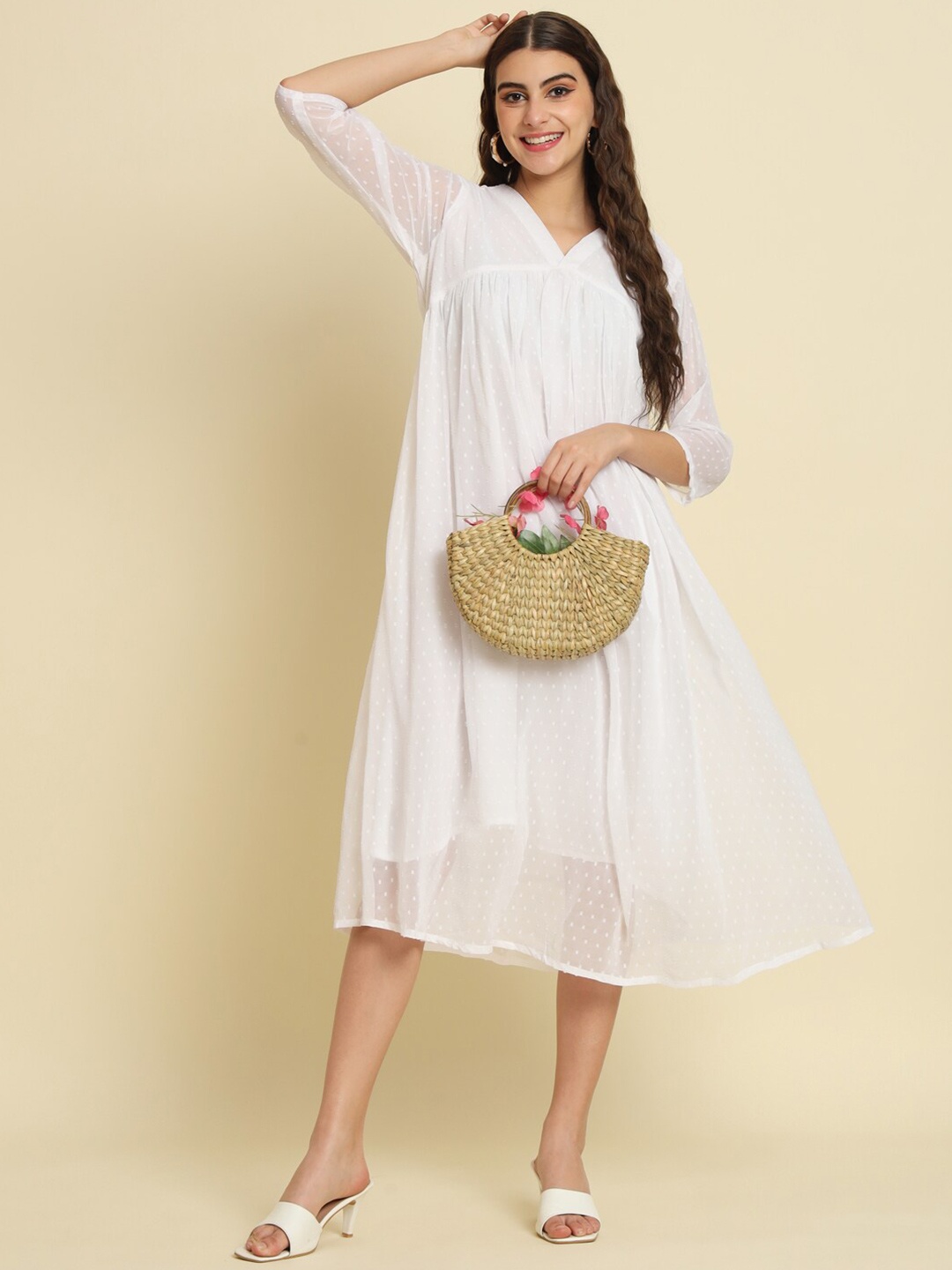 

VredeVogel Self Design Pleated A-Line Midi Dress, White