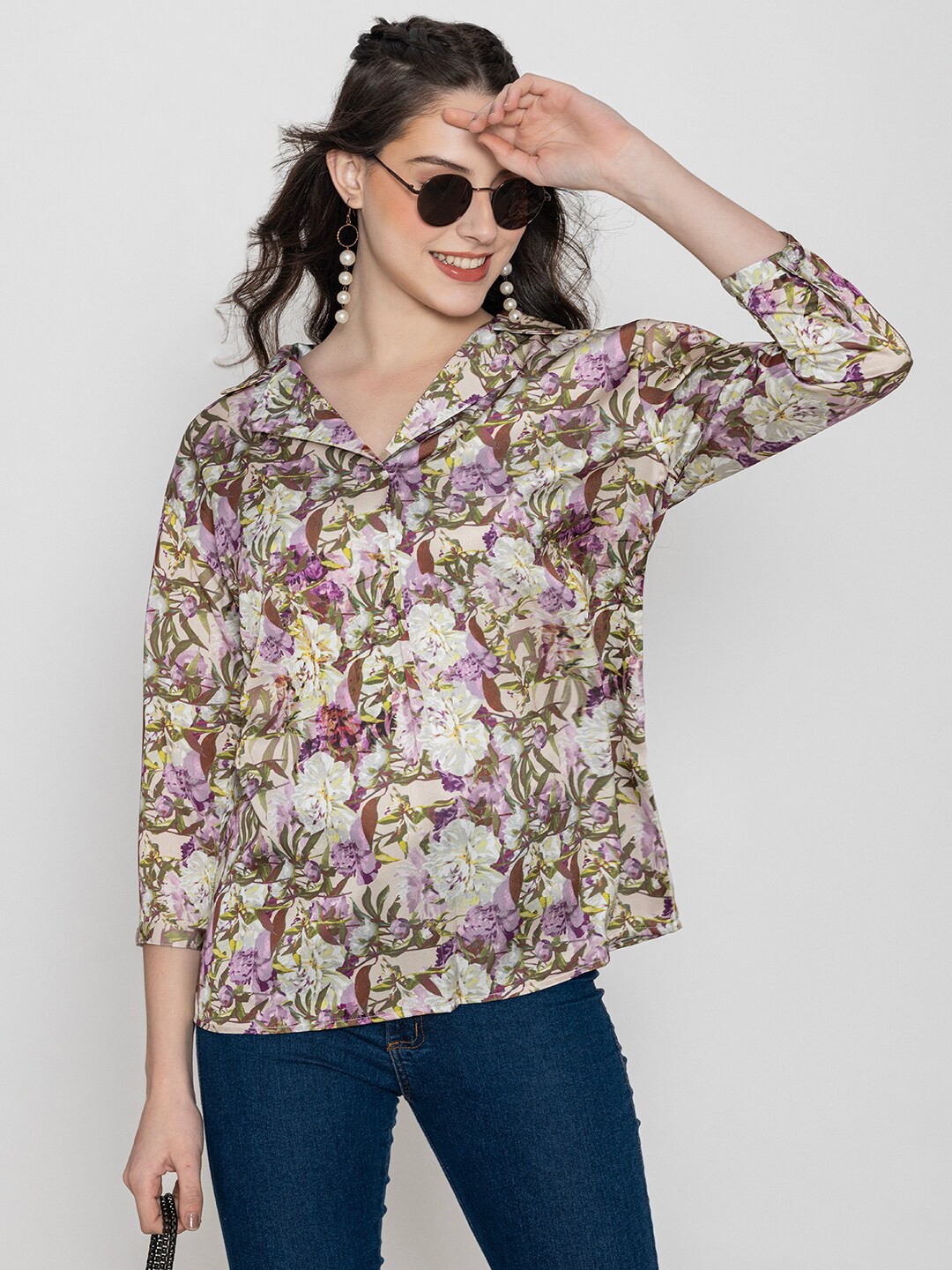 

Lounge Dreams Floral Printed Lapel Collar Shirt Style Acrylic Top, Purple