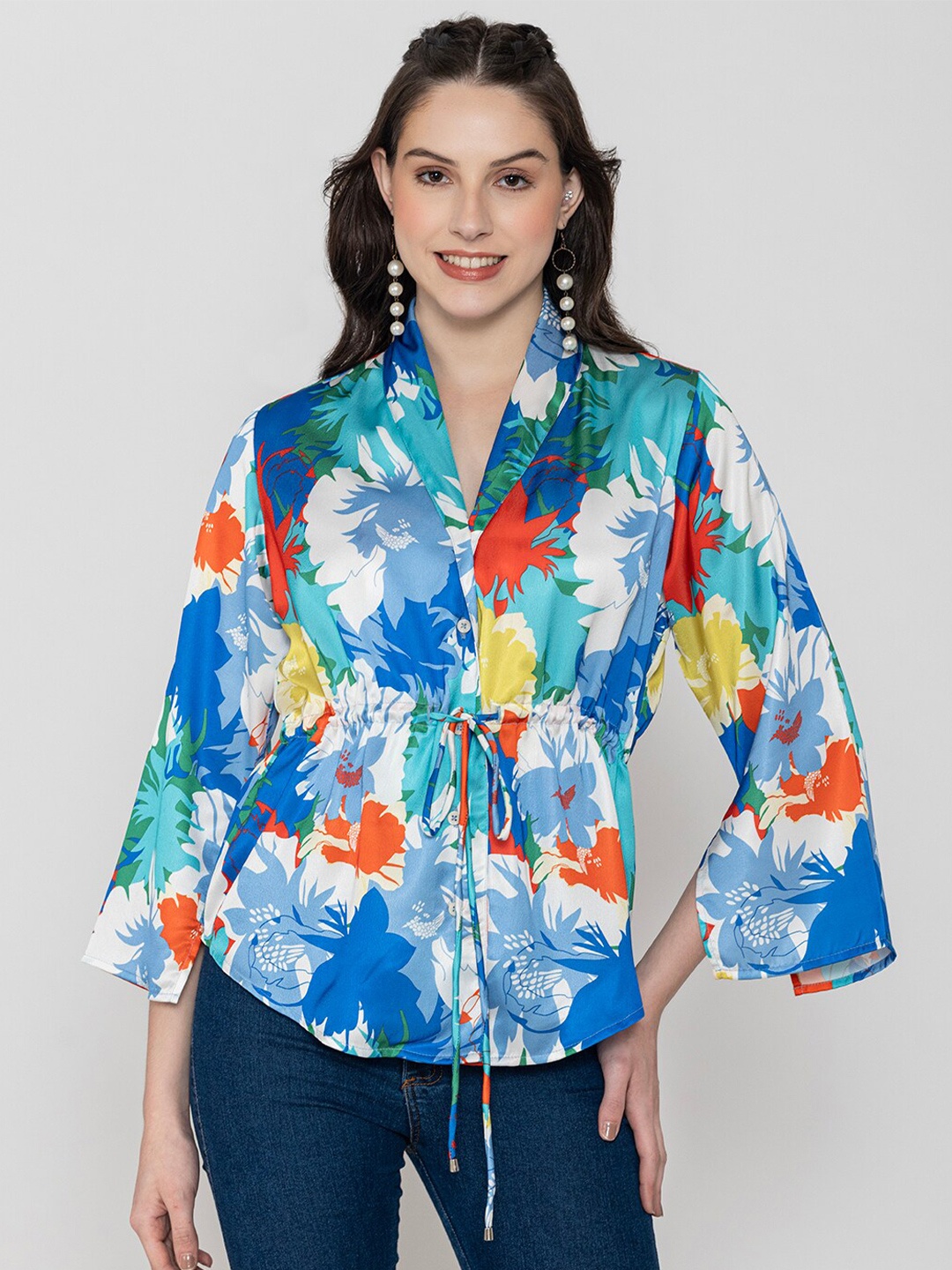 

Lounge Dreams Floral Printed Slit Sleeves V-Neck Top, Blue
