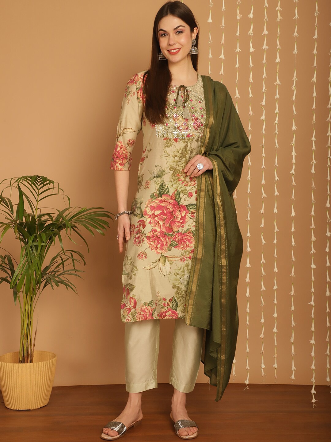 

KALINI Floral Printed Kurta With Trousers & Dupatta, Green