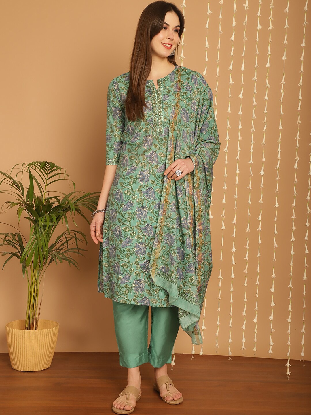 

KALINI Floral Printed Kurta With Trousers & Dupatta, Green