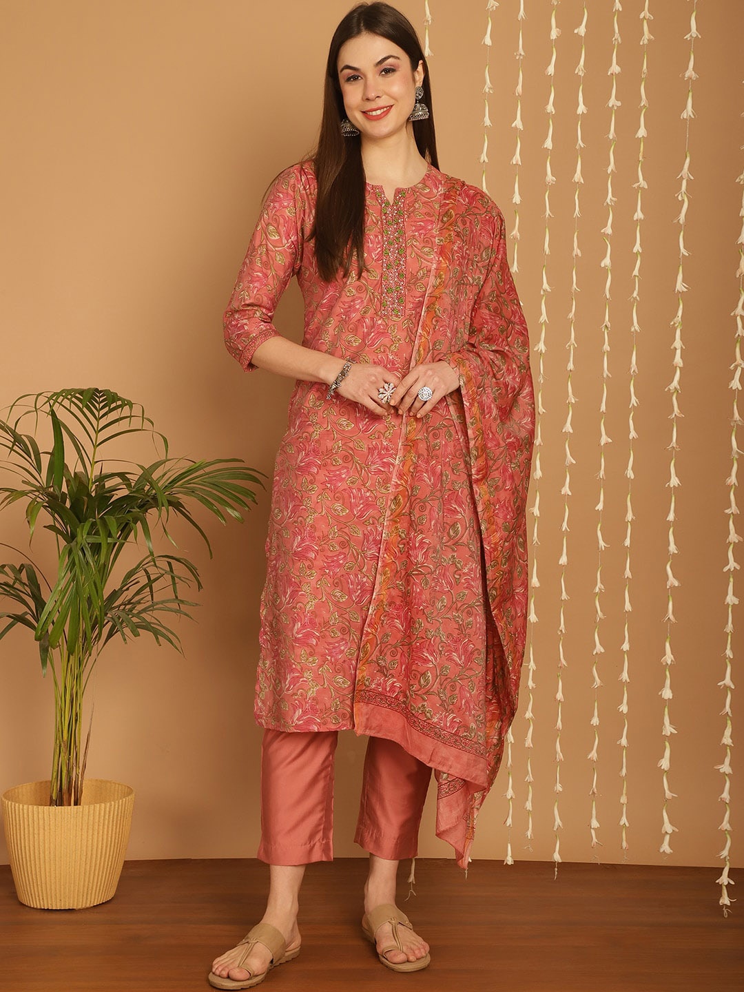

KALINI Floral Printed Kurta With Trousers & Dupatta, Rust