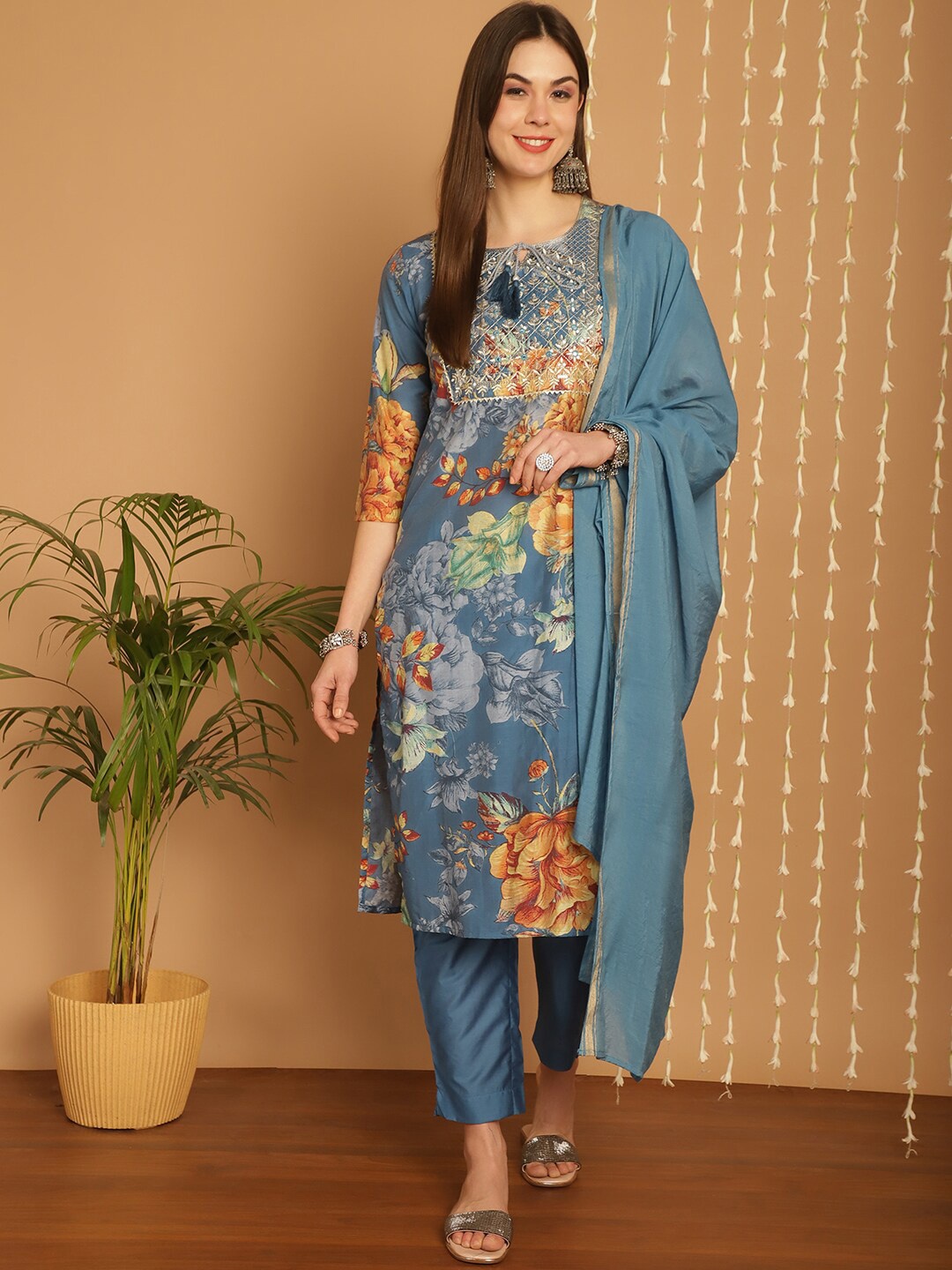 

KALINI Floral Printed Kurta With Trousers & Dupatta, Blue