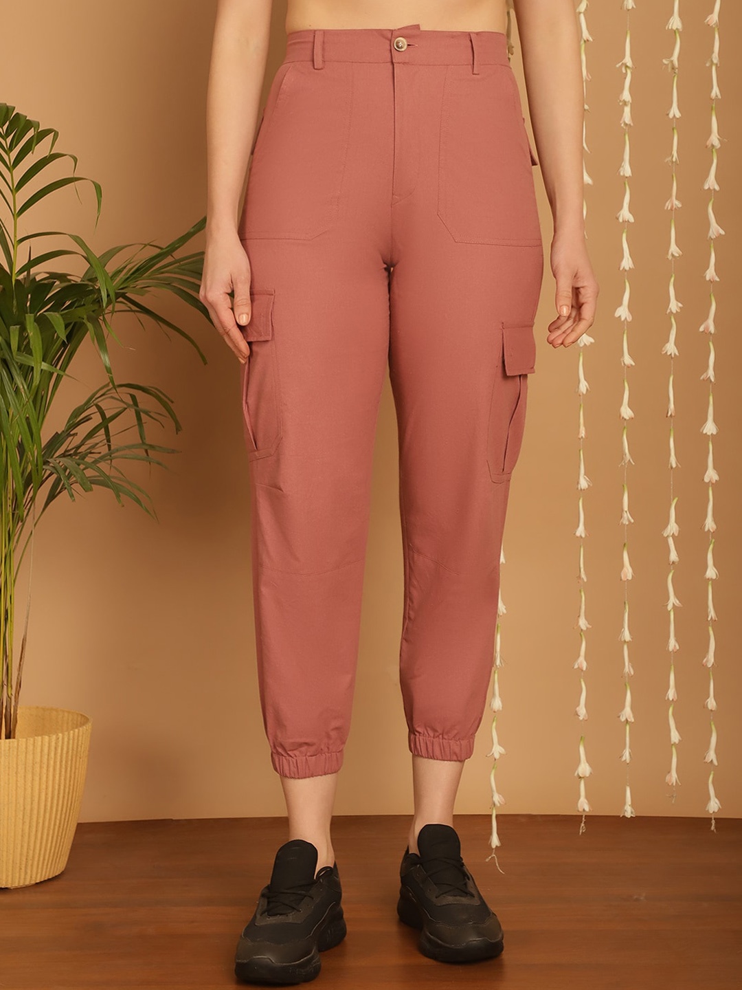 

KALINI Women Classic Easy Wash Cotton Linen Cargo Joggers, Pink