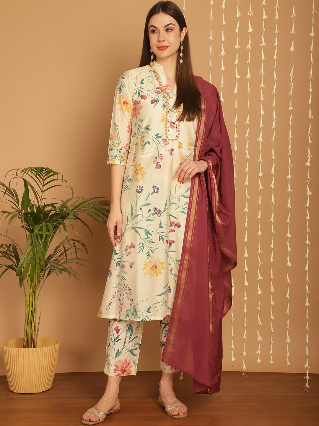 

KALINI Floral Printed Kurta With Trousers & Dupatta, Cream