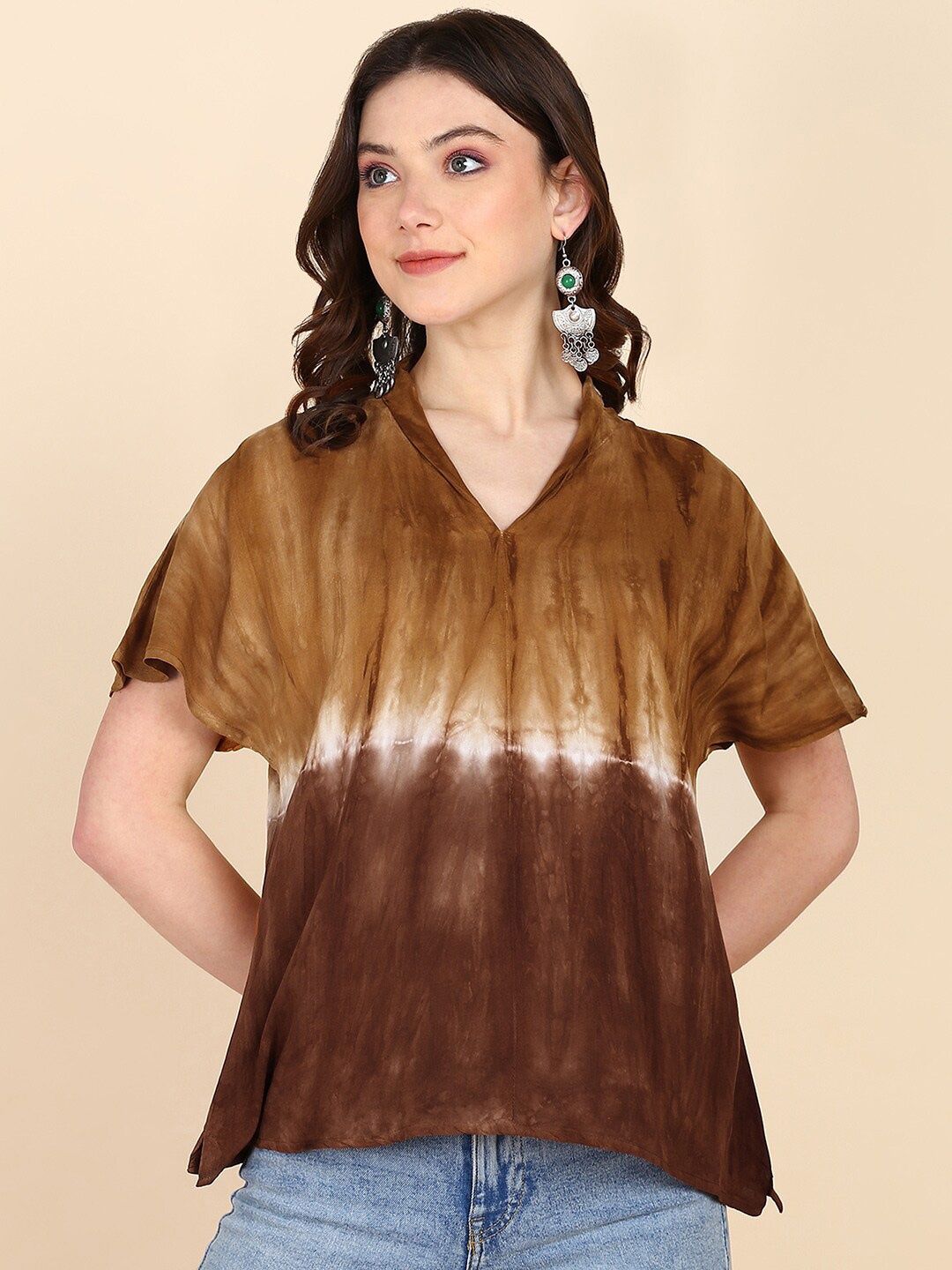 

Maaesa Tie and Dye Extended Sleeves Bohemian Crepe Top, Brown