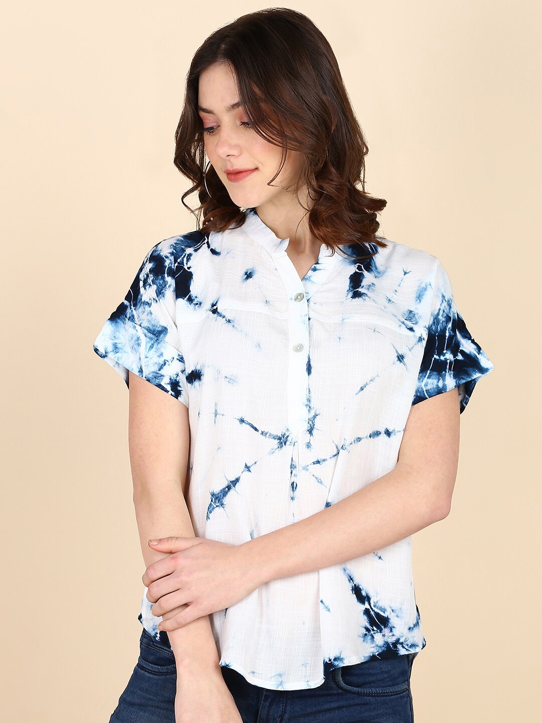 

Maaesa Dyed Mandarin Collar Extended Sleeves Bohemian Crepe Shirt Style Top, White