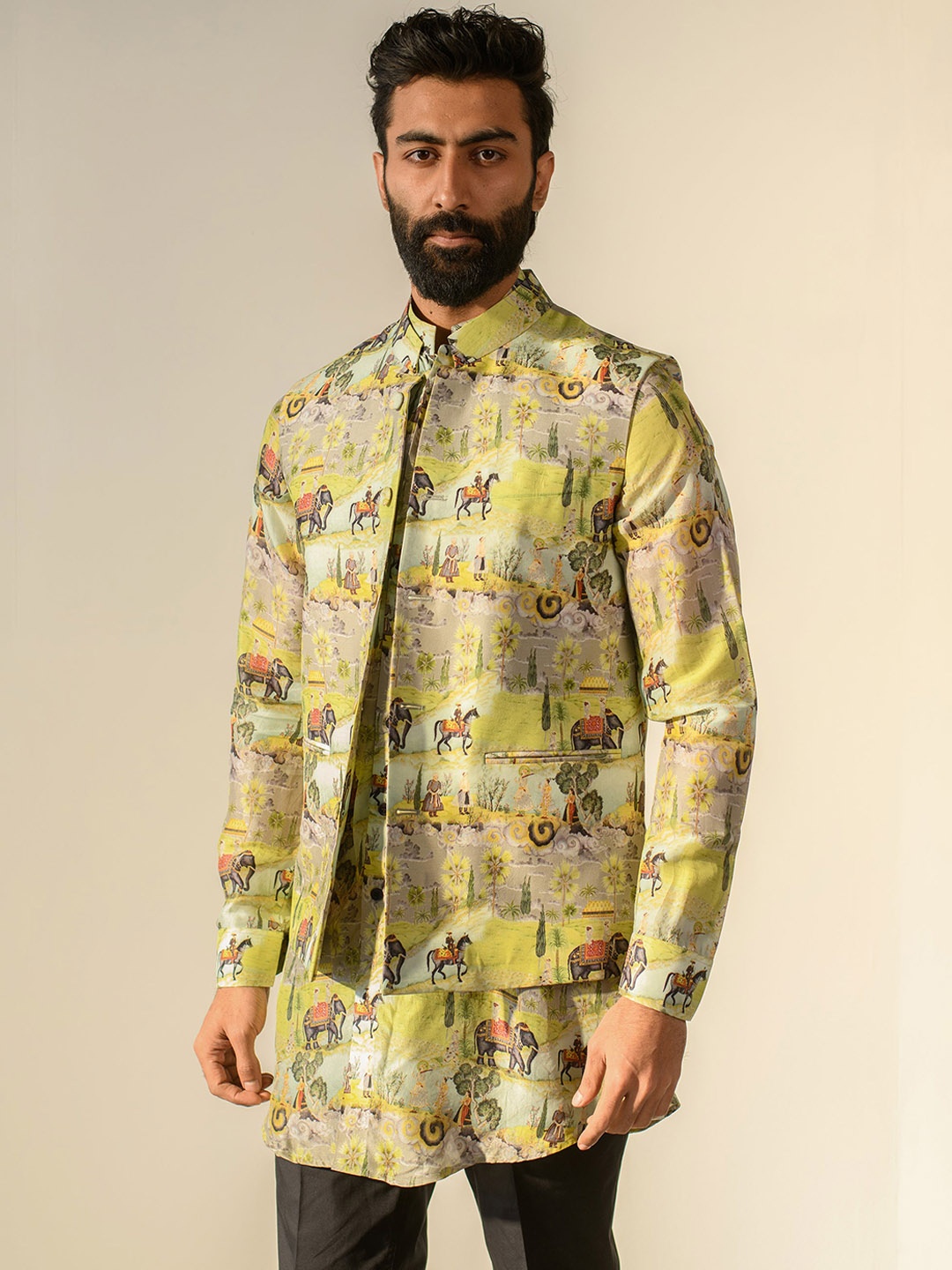 

QB MEN Floral Printed Straight Pure Silk Kurta & Jacket, Green