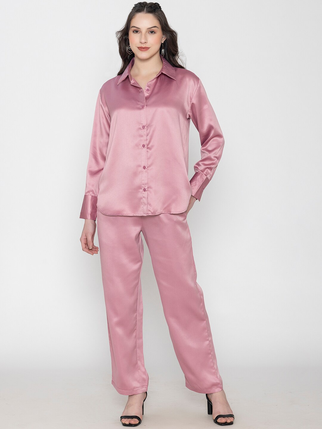 

Lounge Dreams Satin Shirt With Trousers Co-Ords, Pink