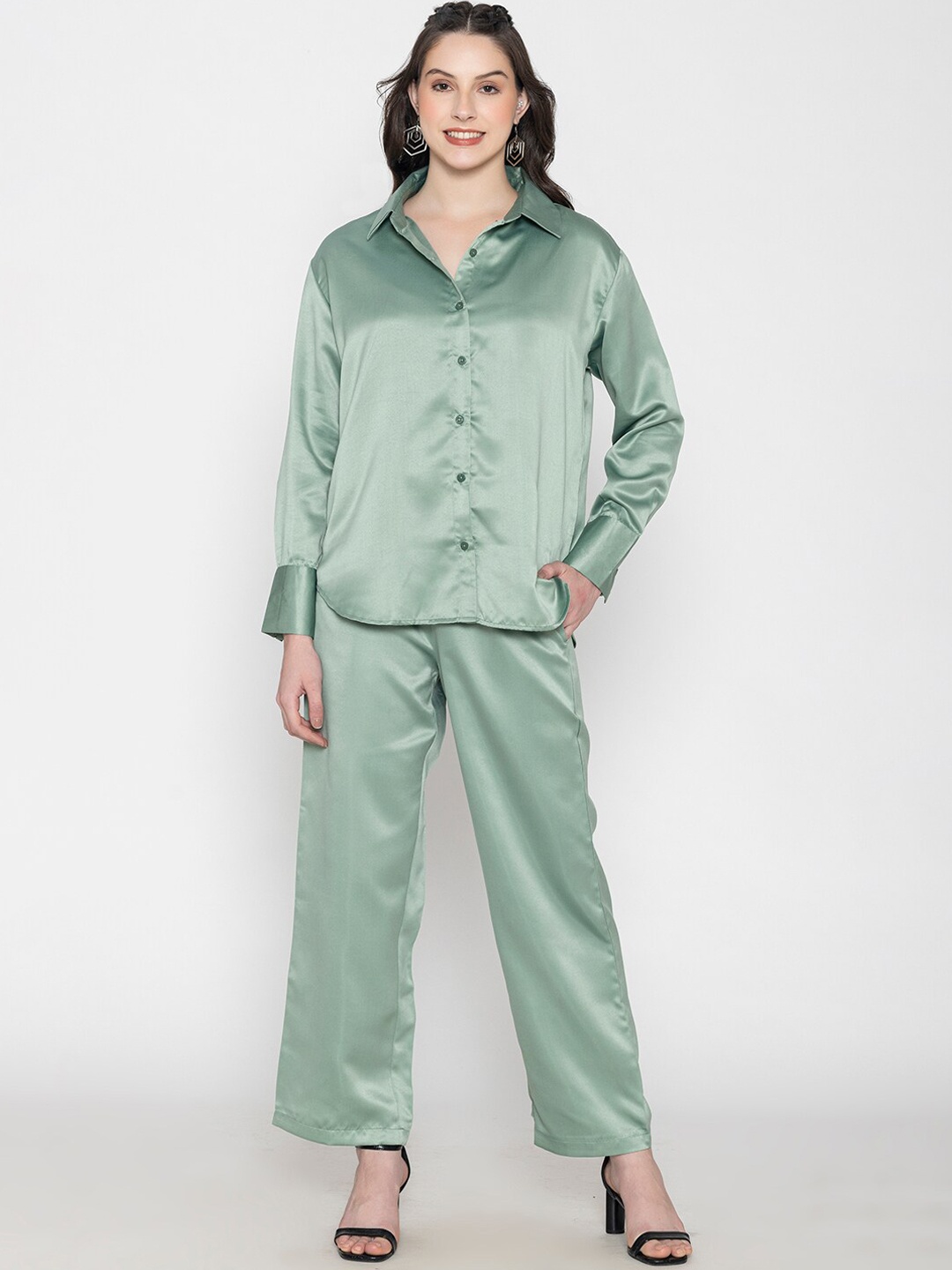 

Lounge Dreams Shirt Collar Satin Shirt & Trouser Co-Ords, Green