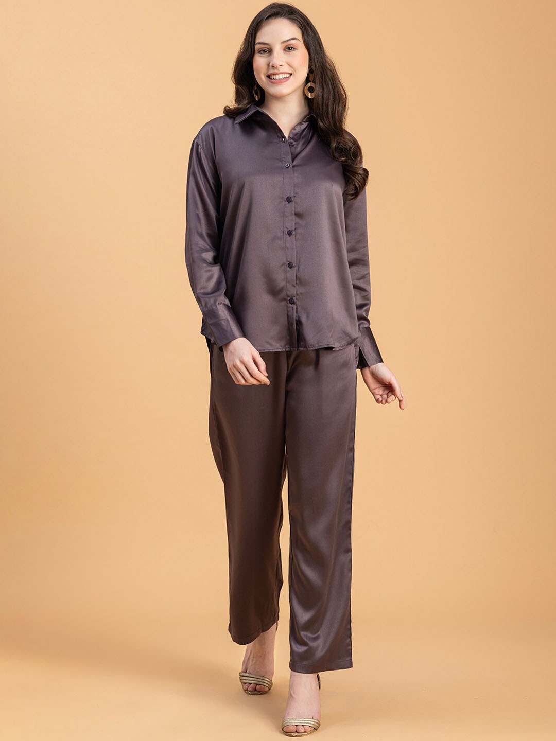 

Lounge Dreams Shirt Collar Satin Shirt & Trouser Co-Ords, Metallic