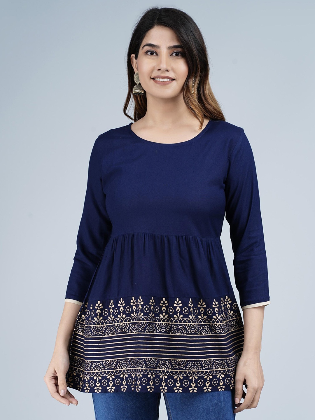 

KALINI Print Round Neck Empire Longline Top, Navy blue