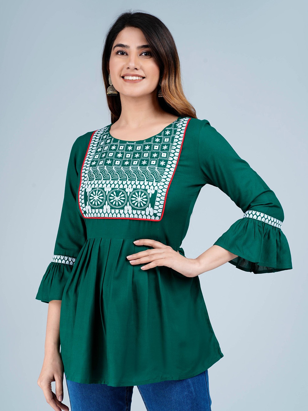 

KALINI Printed Round Neck Three Quarter Sleeves Bell Sleeve Top, Green