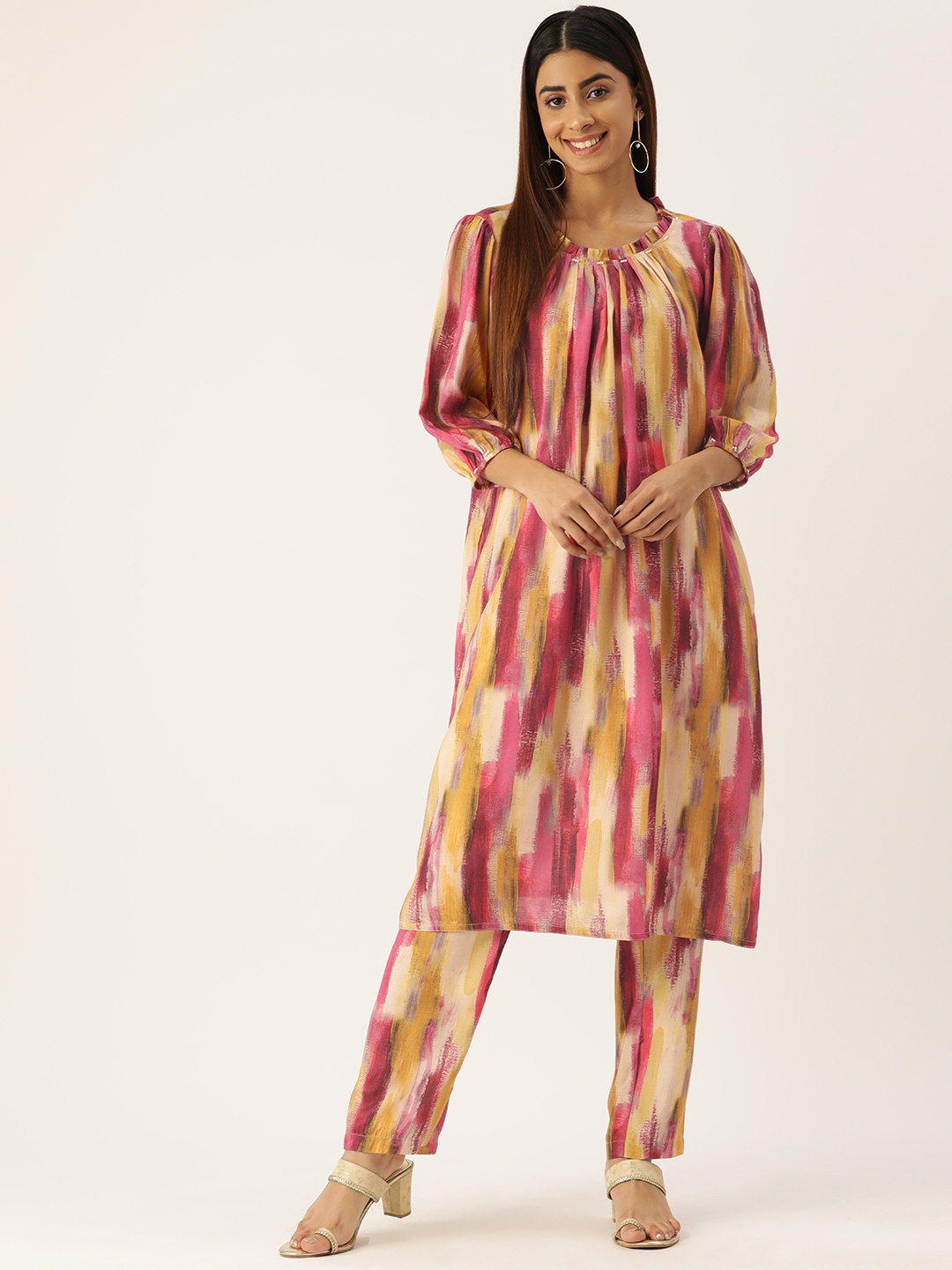 

MISRI Printed Puff Sleeves Beads & Stones Kurta with Trousers, Yellow