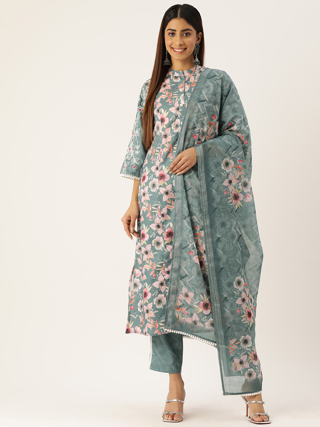 

MISRI Floral Printed Regular Kurta with Trousers & Dupatta, Green