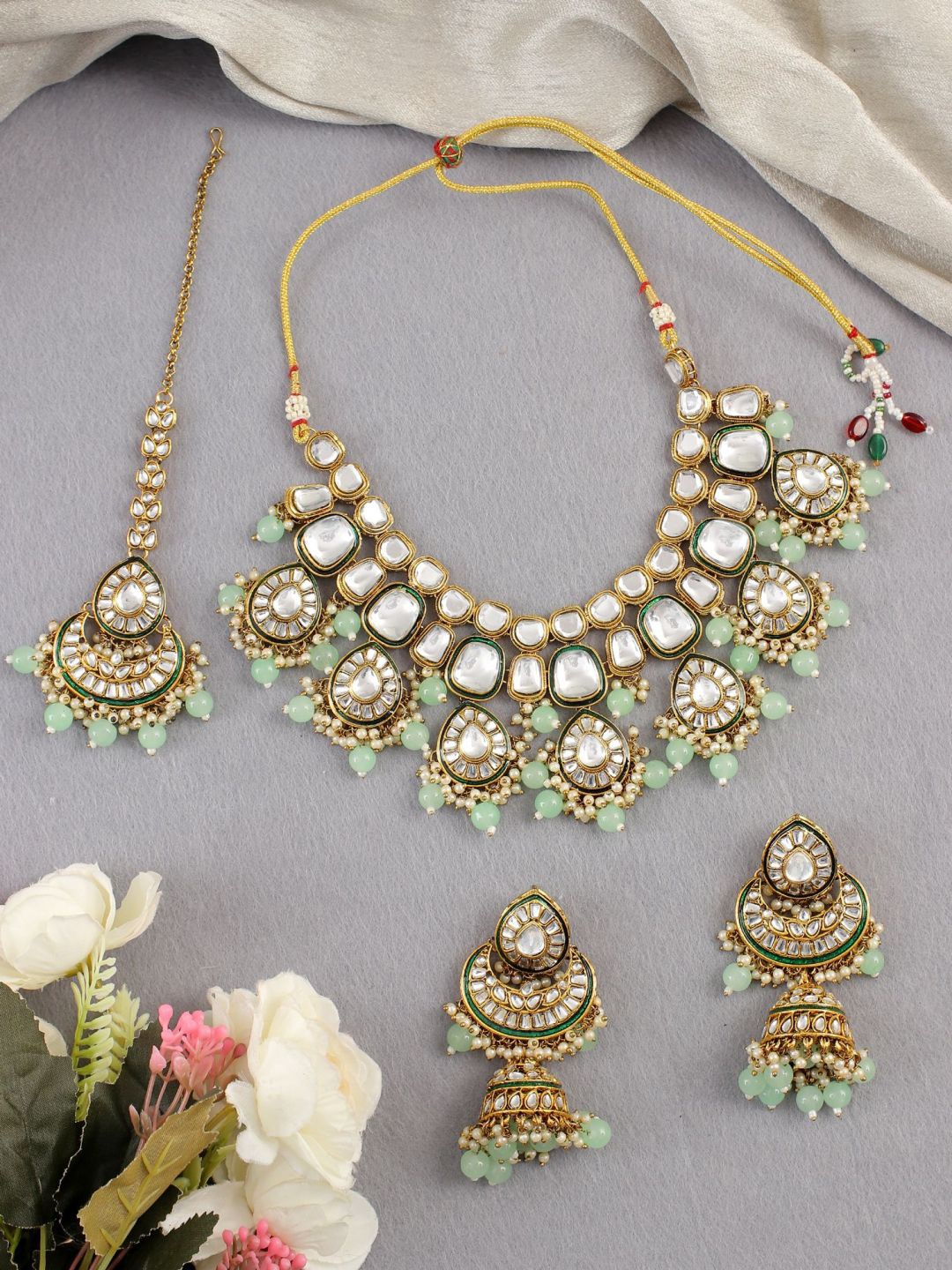 

SwaDev Gold Plated Kundan & Pearls Studded Jewellary Set
