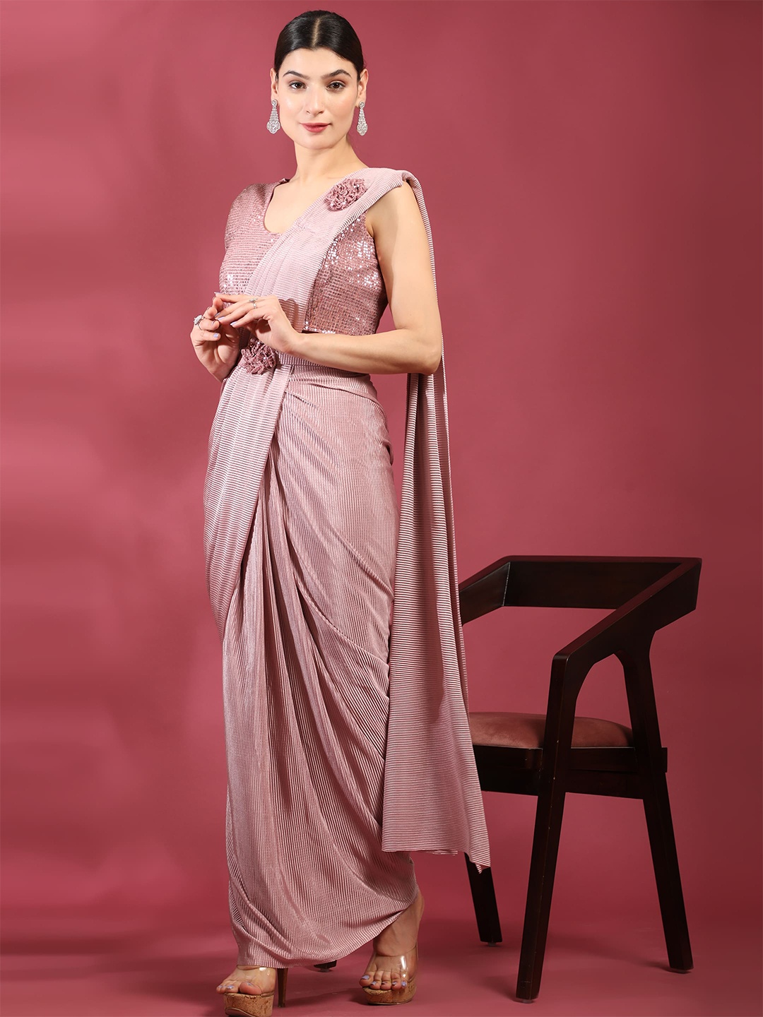 

AMOHA TRENDZ Lycra Embellished Sequinned Ready to Wear Saree, Pink