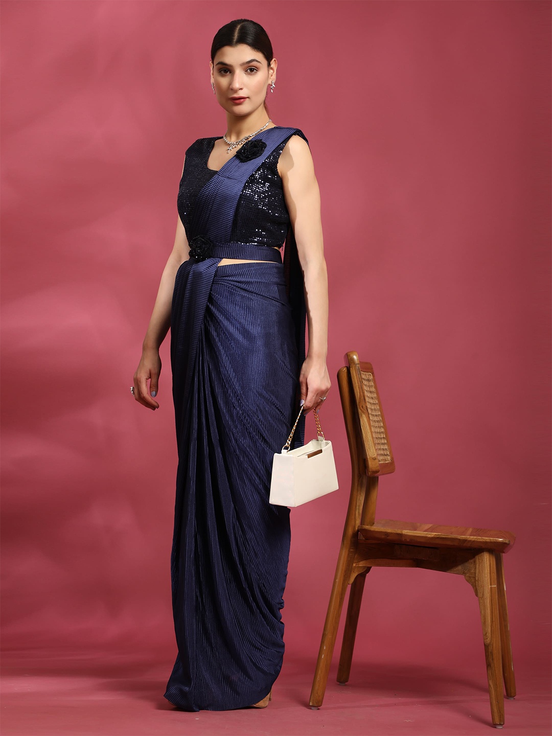 

AMOHA TRENDZ Lycra Striped Sequinned Ready to Wear Saree, Blue