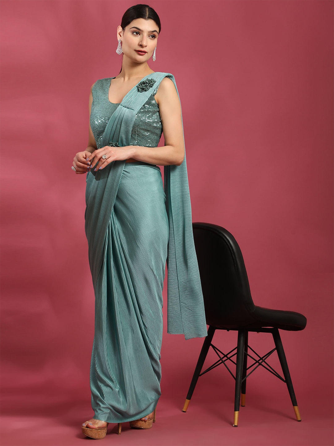 

AMOHA TRENDZ Lycra Striped Sequinned Ready to Wear Saree, Turquoise blue
