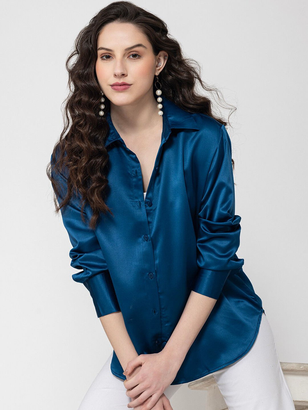 

Lounge Dreams Comfort Spread Collar Full Sleeves Oversized Shirt, Navy blue