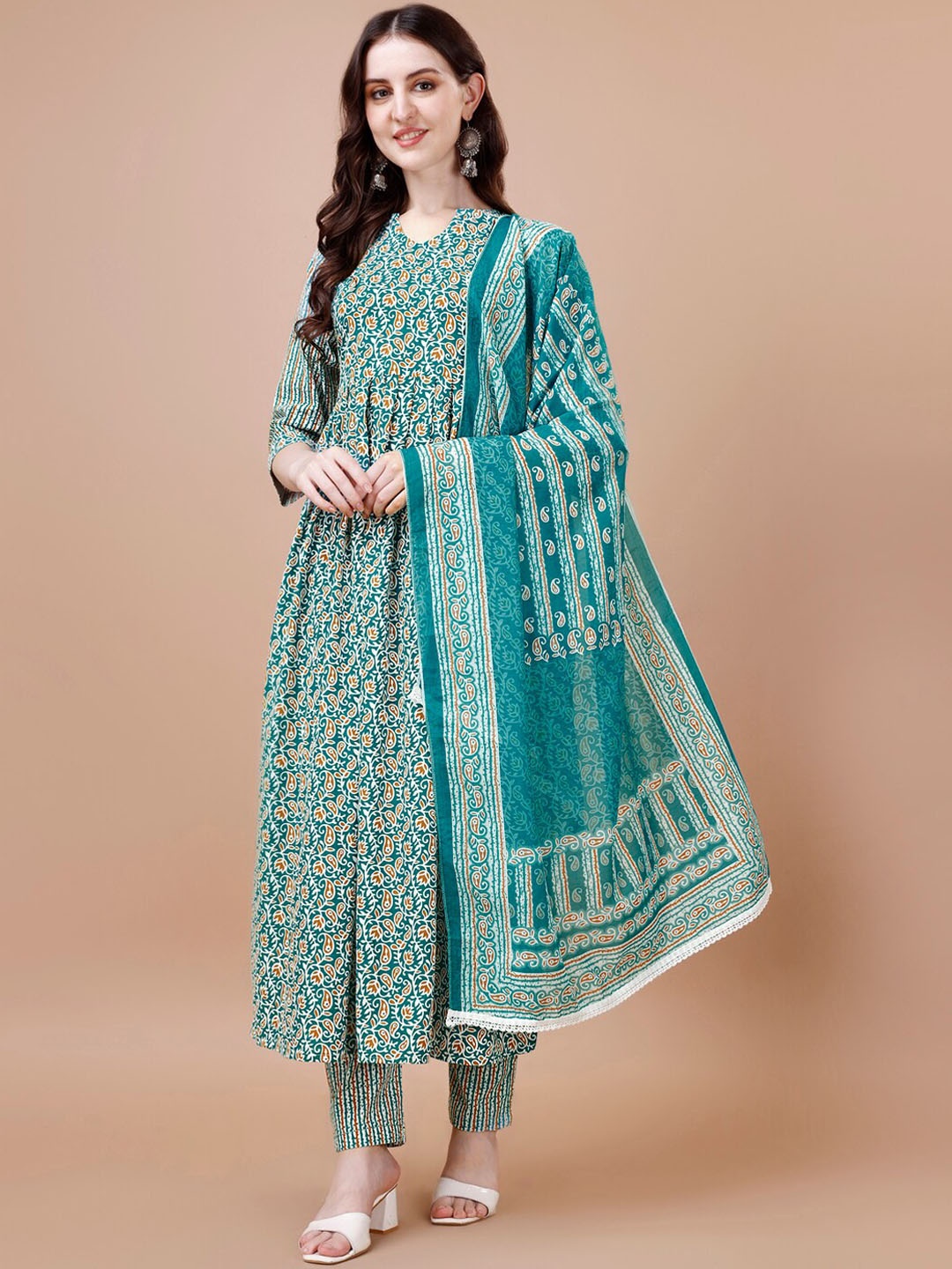 

HETVI CREATION Ethnic Motifs Printed Kurta & Trousers With Dupatta, Turquoise blue