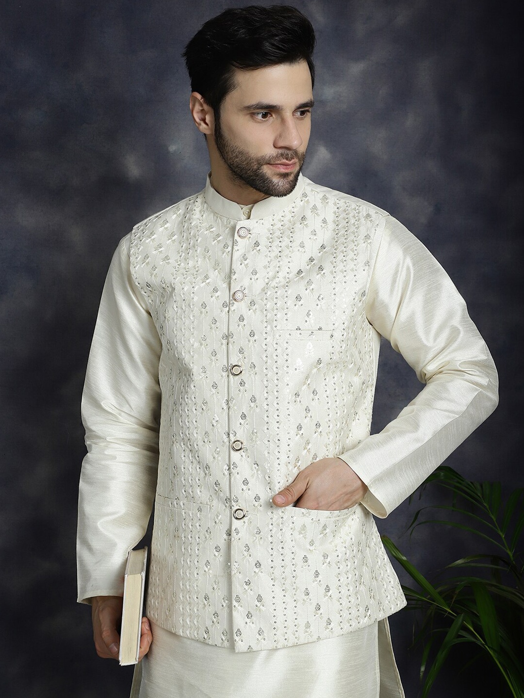 

Anouk Embroidered & Sequenced Sleeveless Nehru Jackets, White