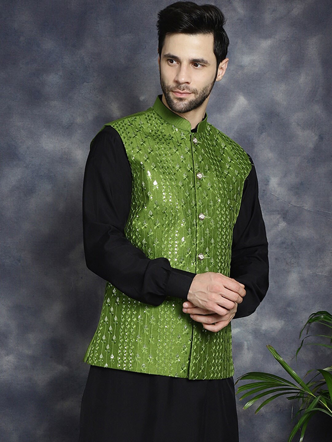 

Anouk Embroidered Sequinned Nehru Jacket, Green