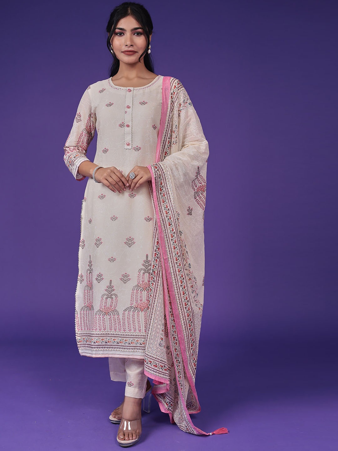 

ZARI Floral Embroidered Sequinned Kurta & Trousers With Dupatta, Cream