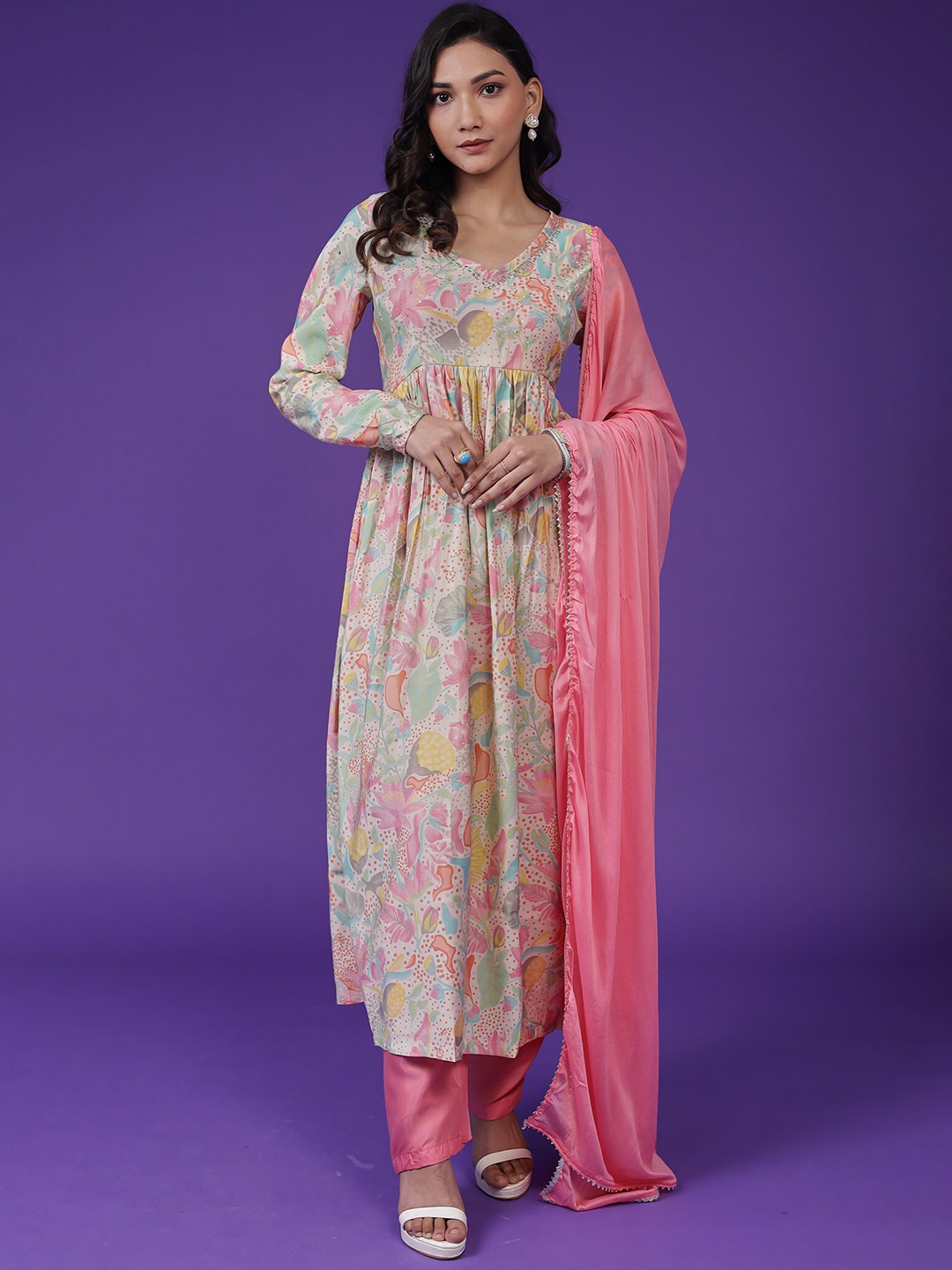 

ZARI Floral Printed Mirror Work Kurta & Trousers With Dupatta, Pink