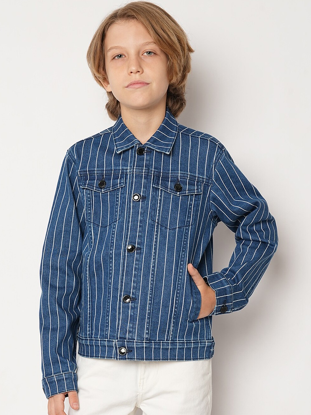 

Jack & Jones Junior Boys Striped Crop Denim Jacket with Embroidered, Blue