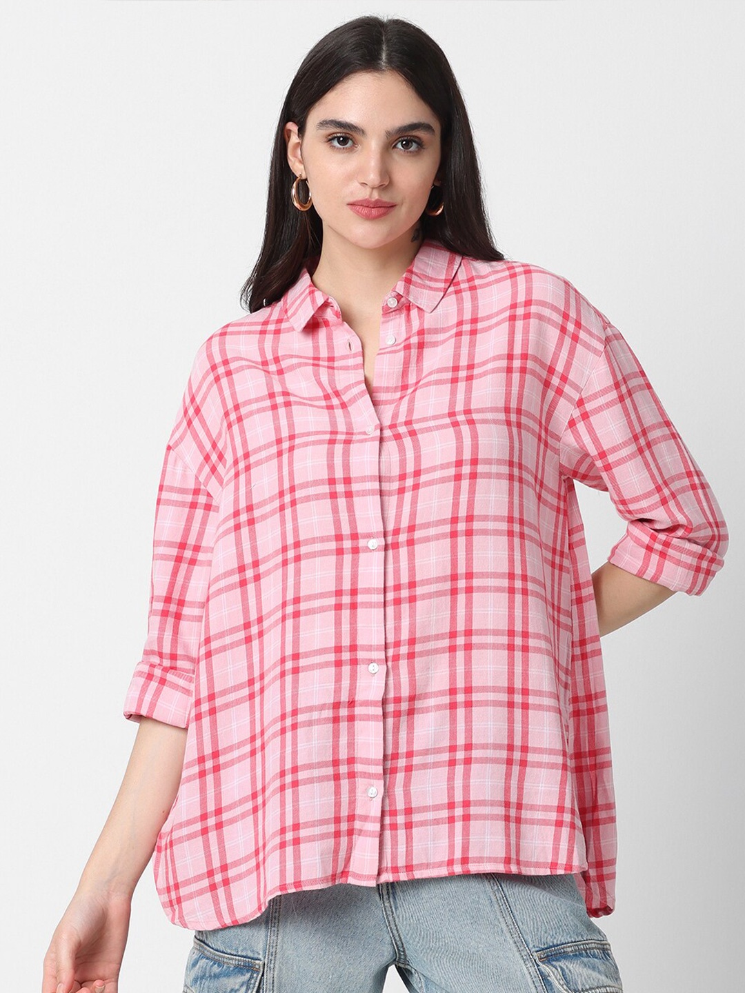 

VASTRADO Classic Checked Oversized Casual Shirt, Pink