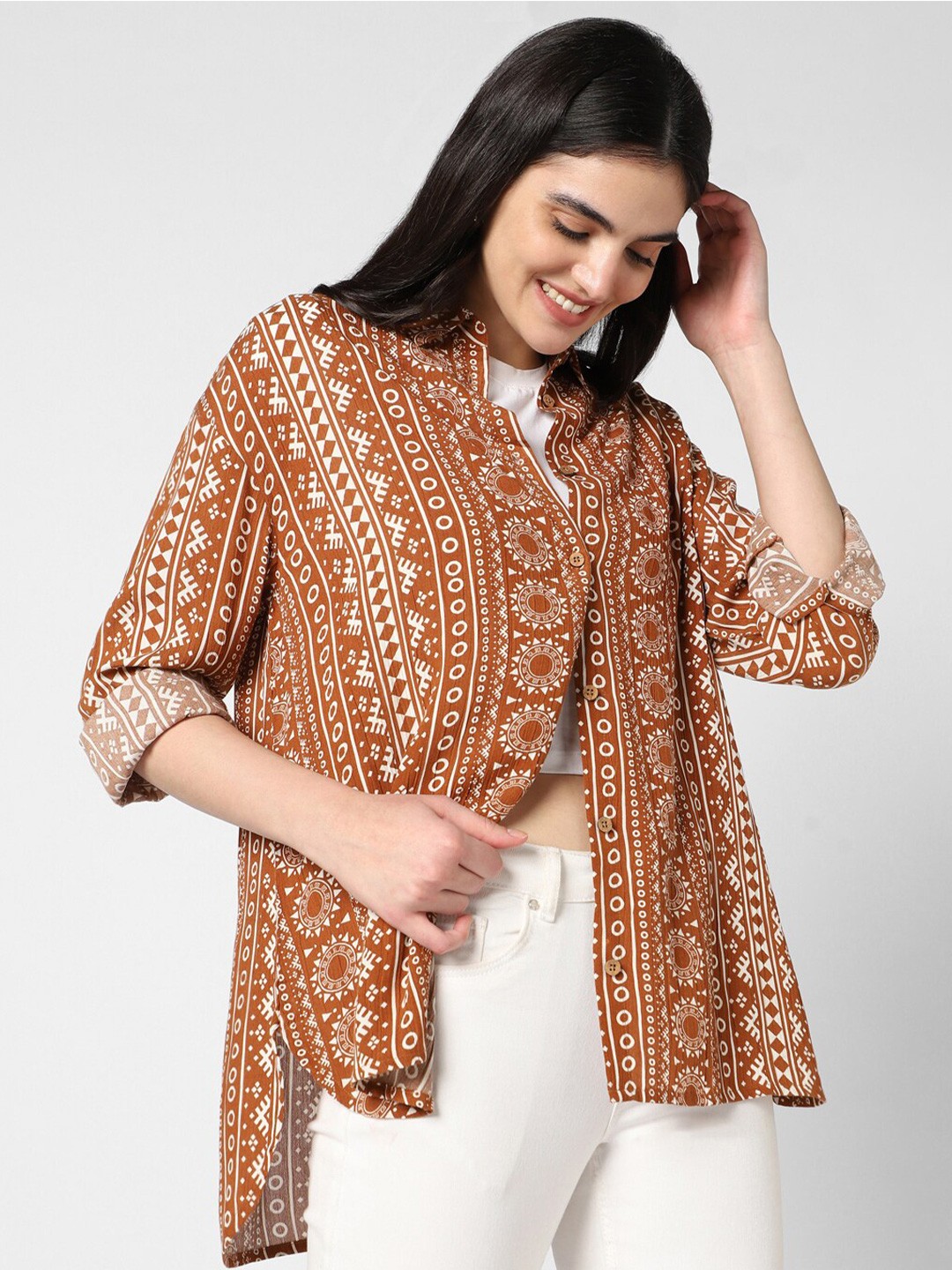 

VASTRADO Indi Printed Oversized Shirt, Brown