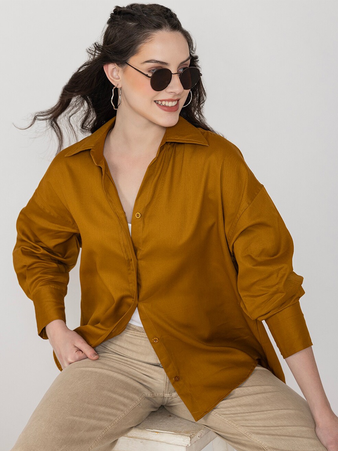 

Lounge Dreams Spread Collar Long Sleeves Cotton Relaxed Oversized Shirt, Brown