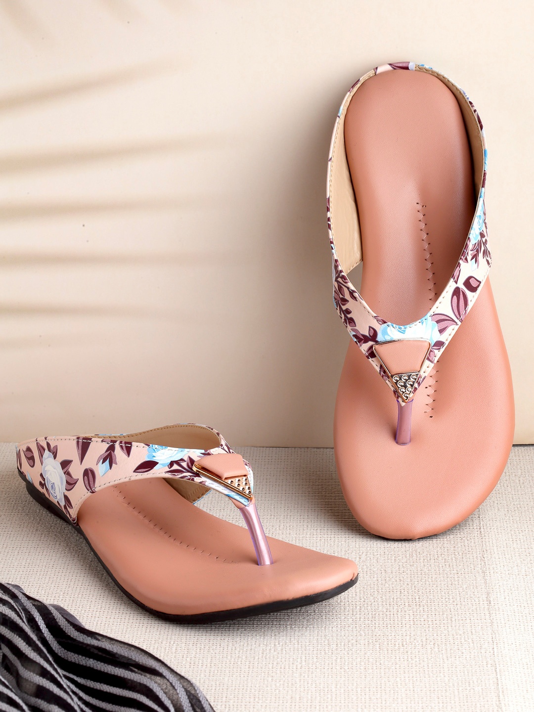 

sneakers villa Floral Printed Open Toe Flats, Peach