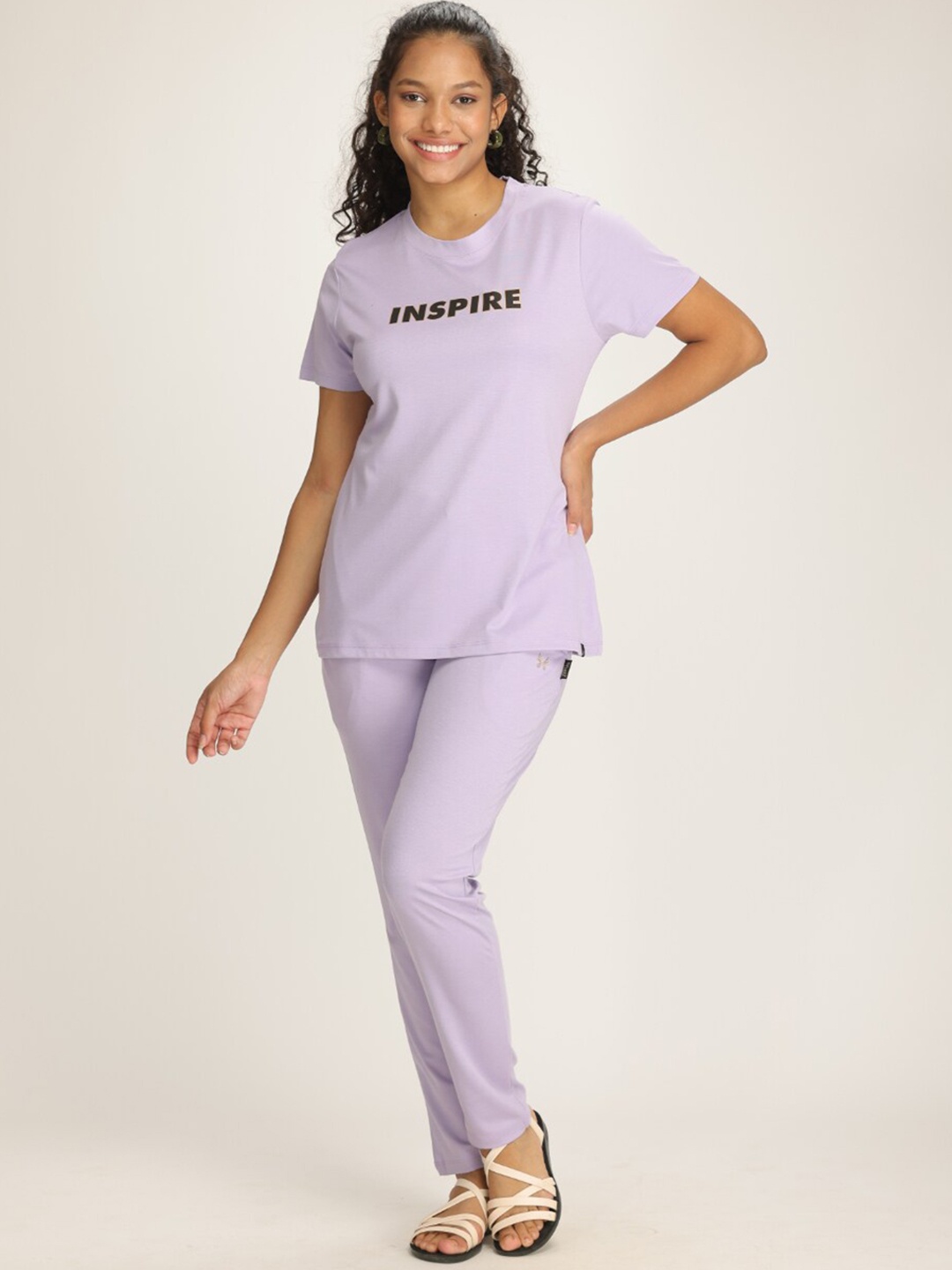 

TITTLI Typography Printed Round Neck T-shirt & Trousers, Lavender