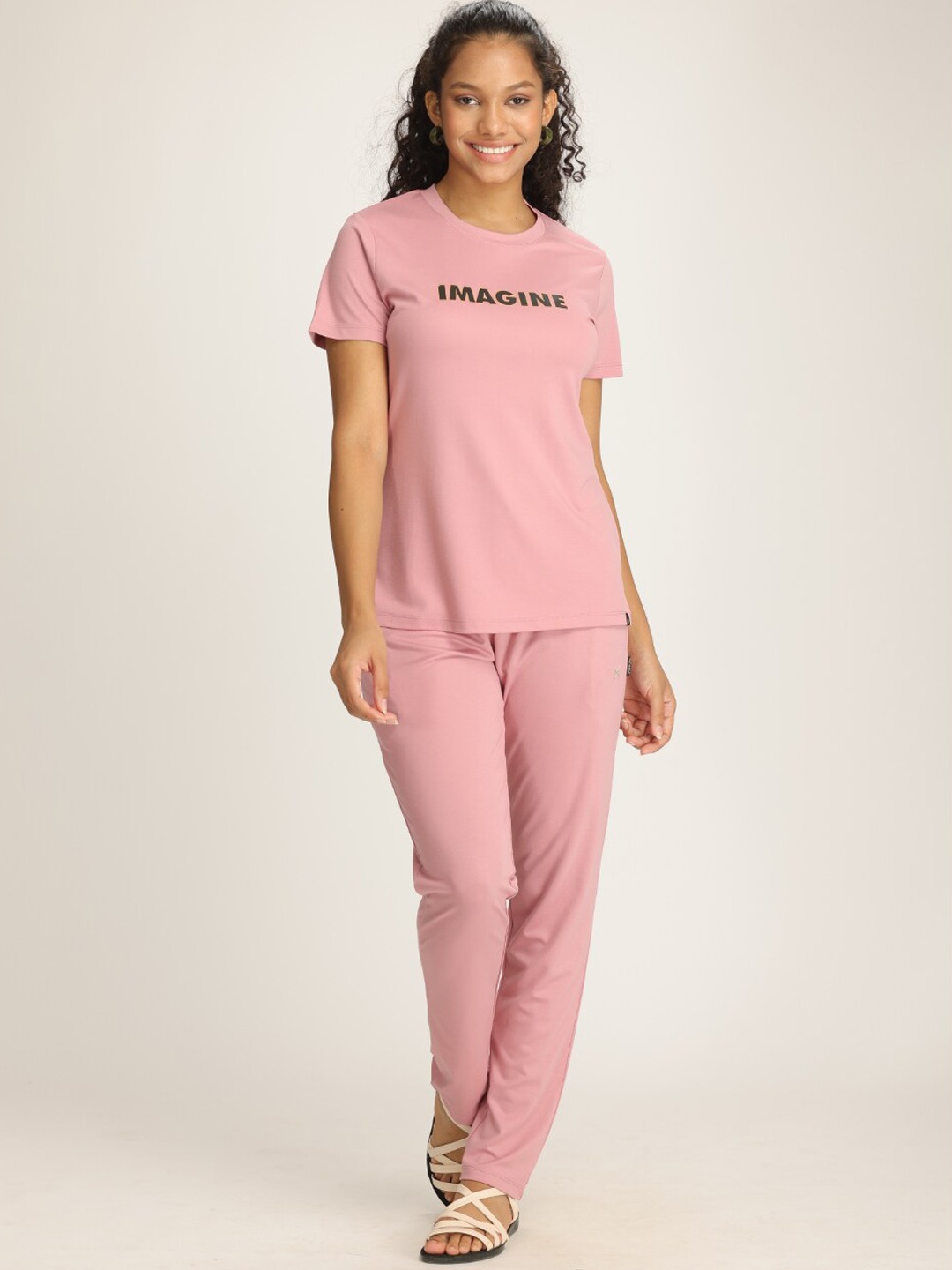 

TITTLI Typography Printed Round Neck T-shirt & Trousers, Peach