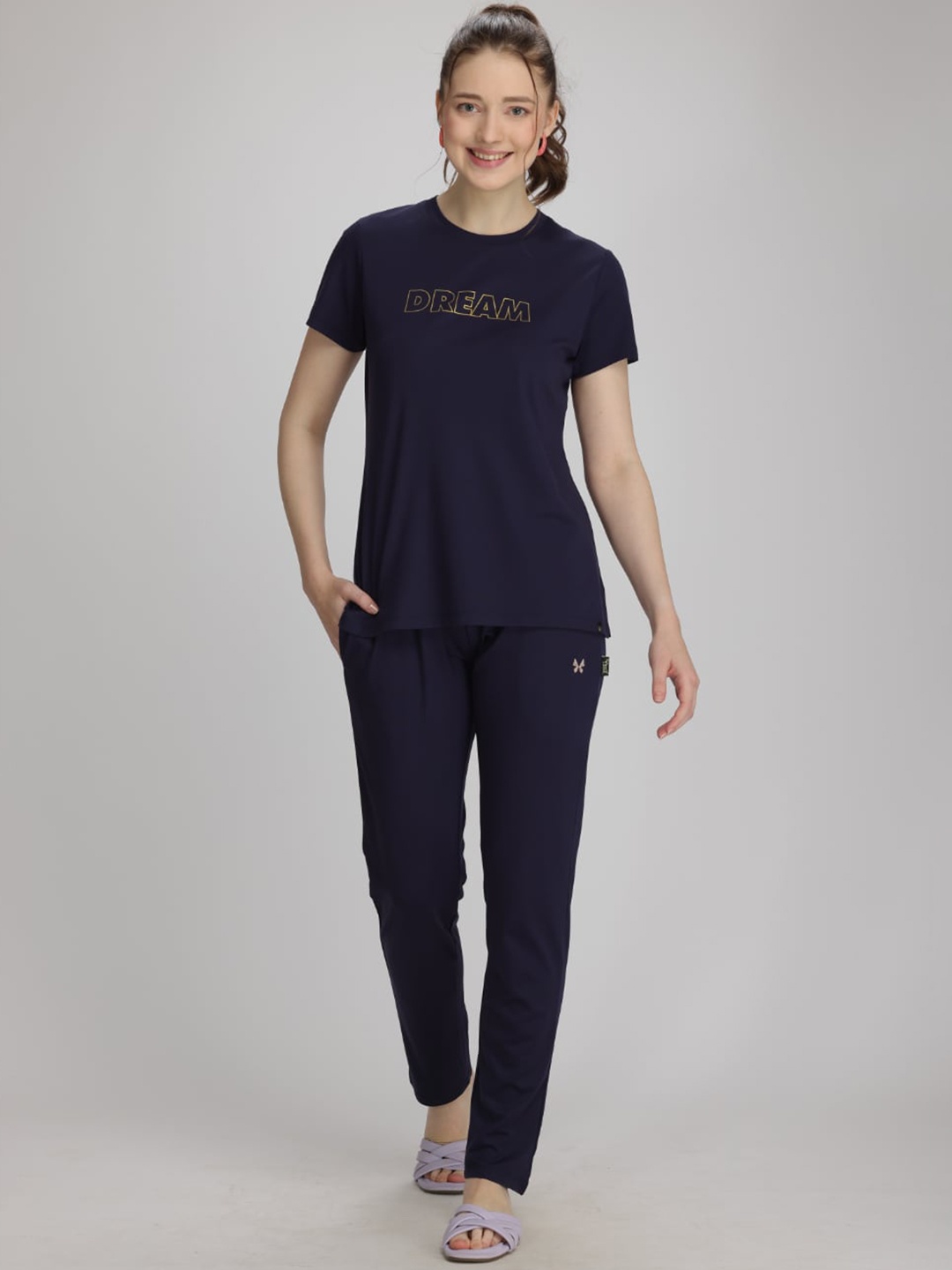 

TITTLI Typography Printed Round Neck T-shirt & Trousers, Navy blue