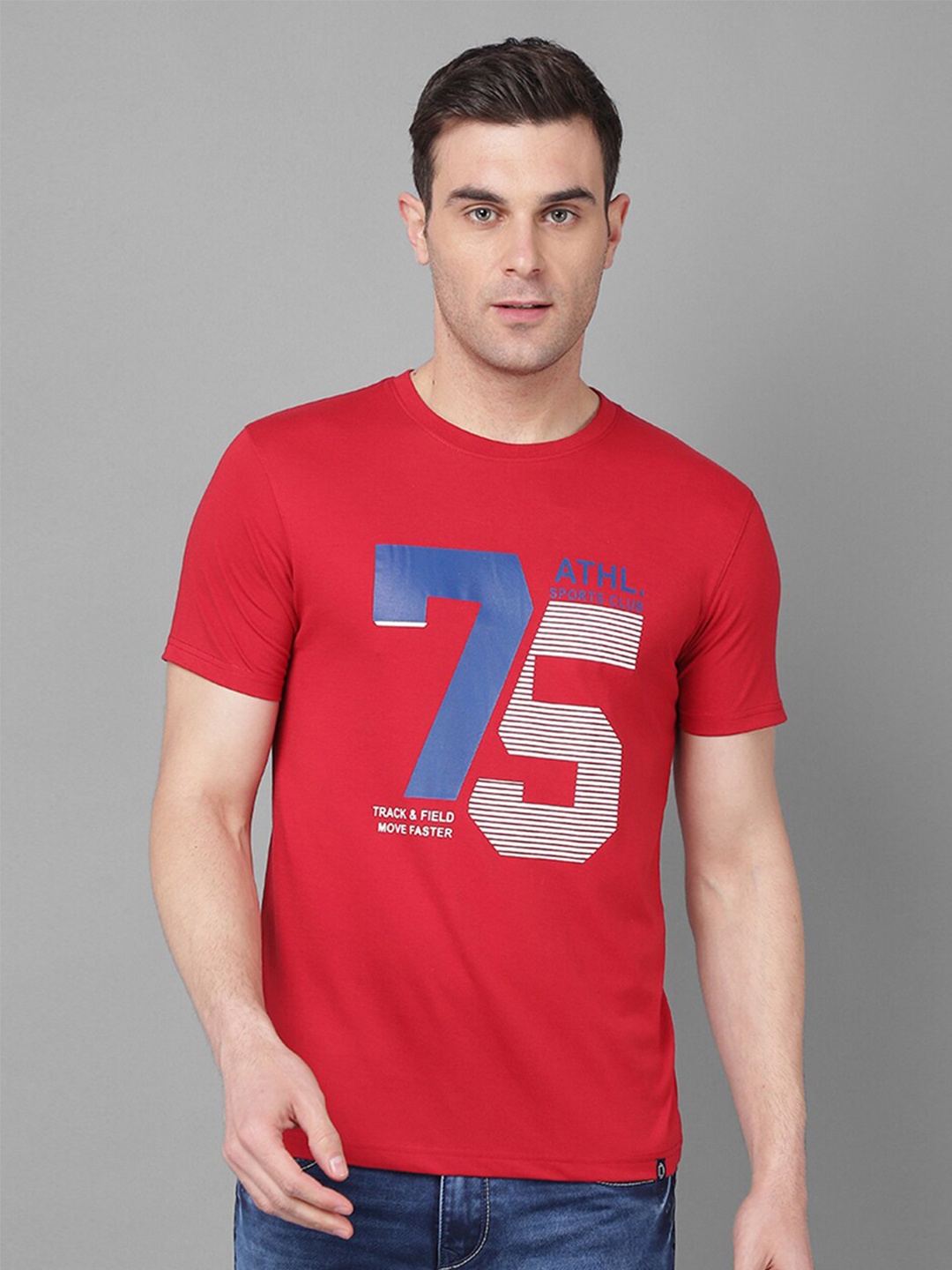 Dollar Typography Printed Cotton T-shirt, Red