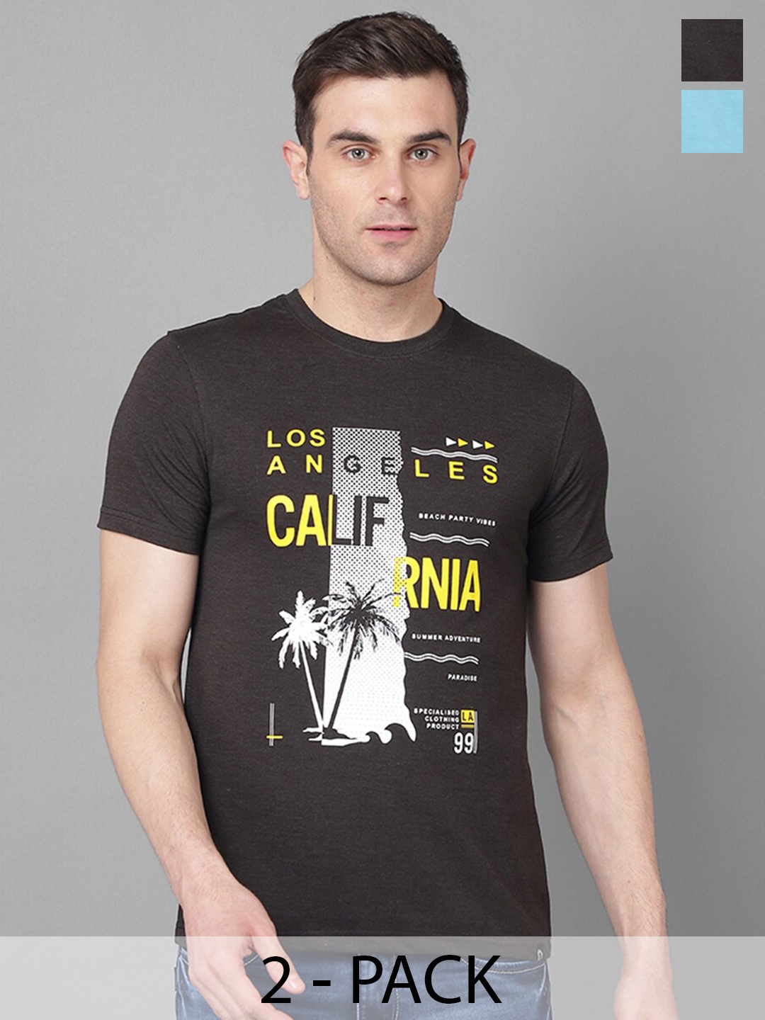 

Dollar Pack Of 2 Typography Printed Cotton T-shirt, Charcoal