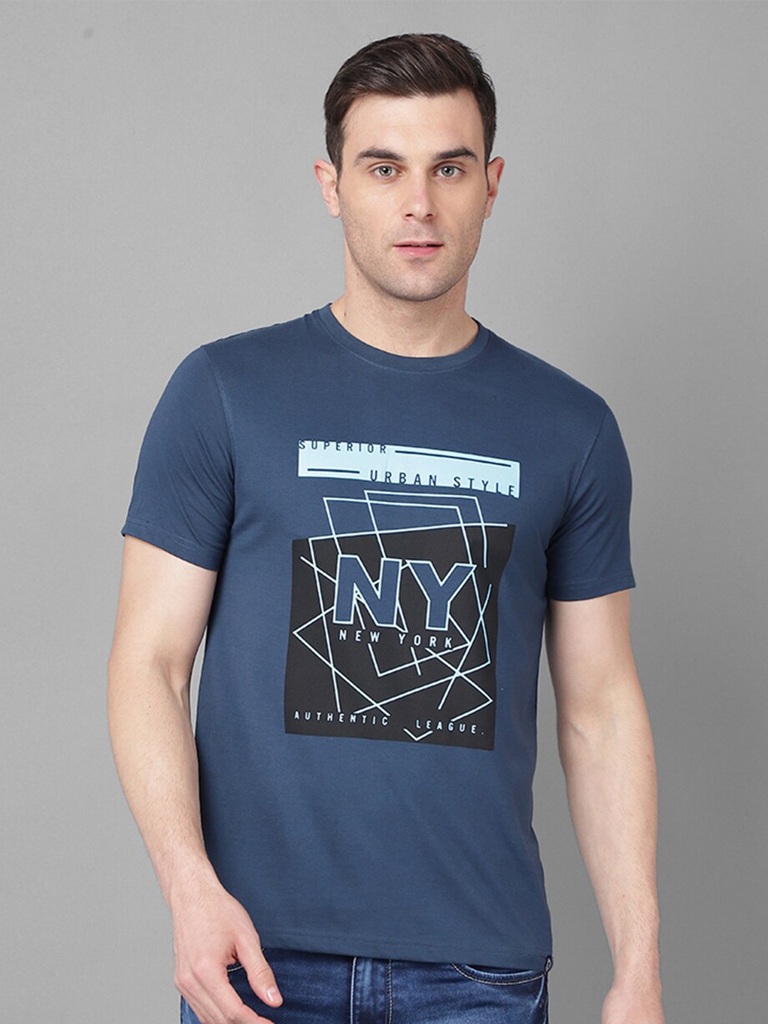 

Dollar Typography Printed Cotton T-shirt, Navy blue