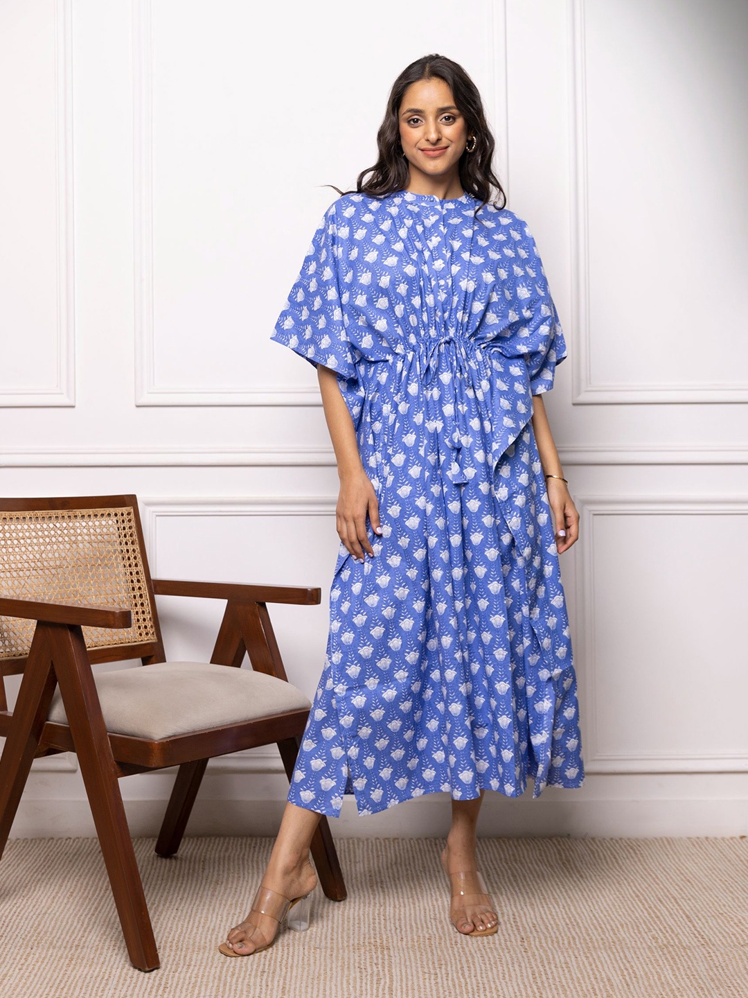 

Safeera Floral Printed Maxi Pure Cotton Kaftan Nightdress, Blue