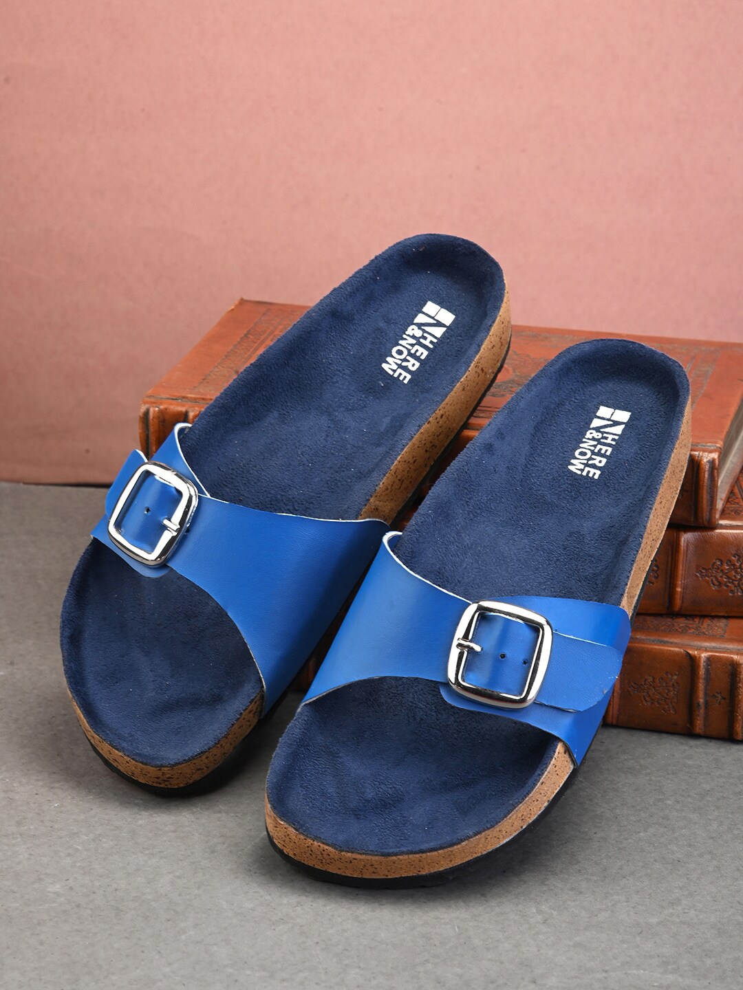 

HERE&NOW Open Toe Flats With Buckles, Blue