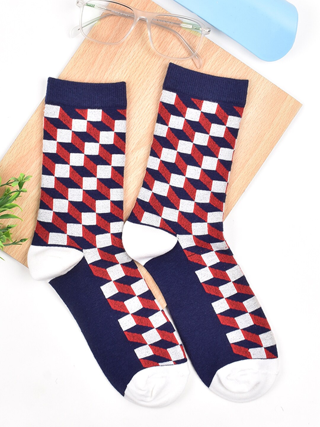 

FOOTPRINT Men Patterned Odour Free Organic Cotton Bamboo Calf-Length Colorful Formal Socks, Navy blue