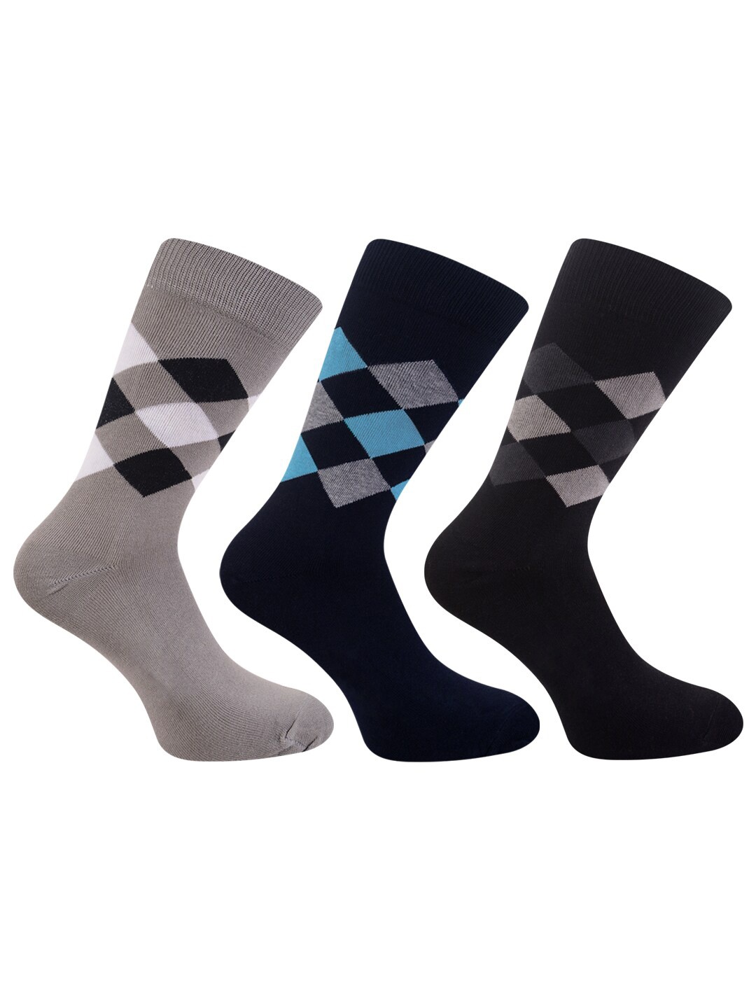 

FOOTPRINT Men 3 Pairs Argyle Anti Odour Organic Cotton Calf-Length Bamboo Formal Socks, Navy blue