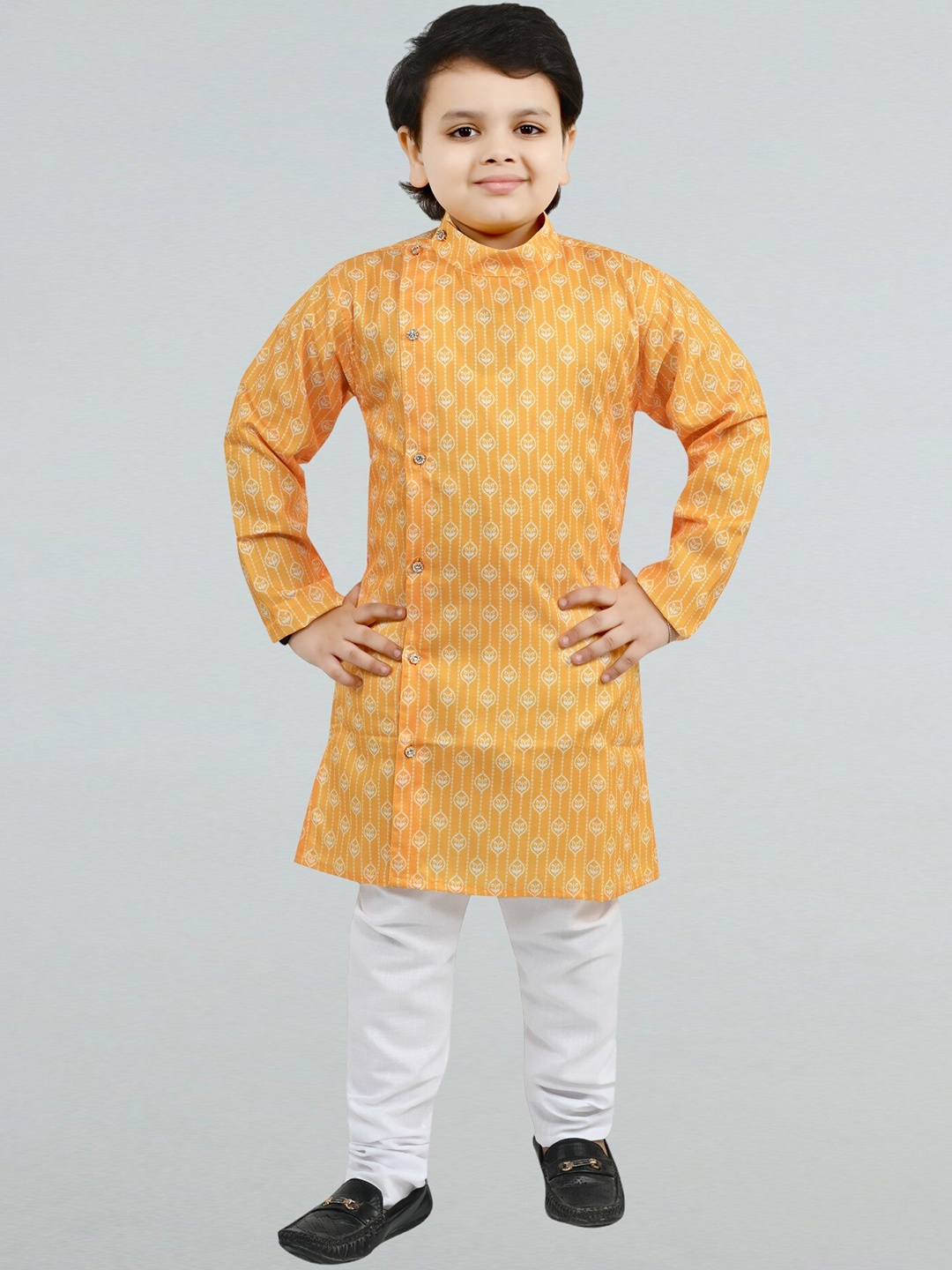 

BT DEZINES Boys Floral Printed Angrakha Kurta with Pyjamas, Yellow