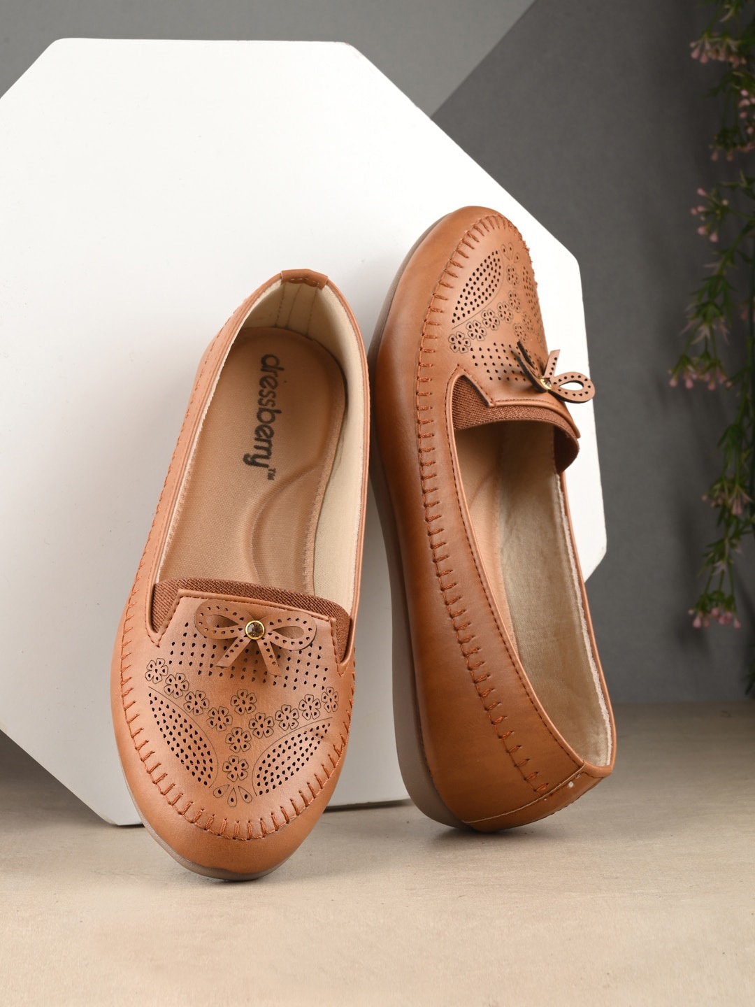 

DressBerry Tan Brown Textured Laser Cuts Round Toe Ballerinas